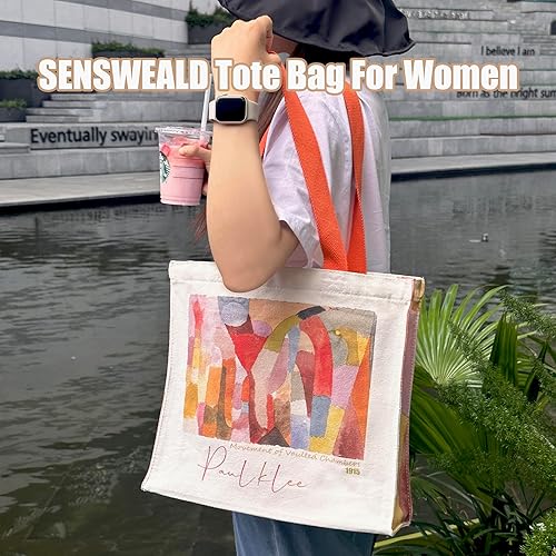Vista 2 de SENSWEALD Bolsa de lona para mujer con cremallera, bolsa de lona duradera y portátil reutilizable, bolsa de mano estética