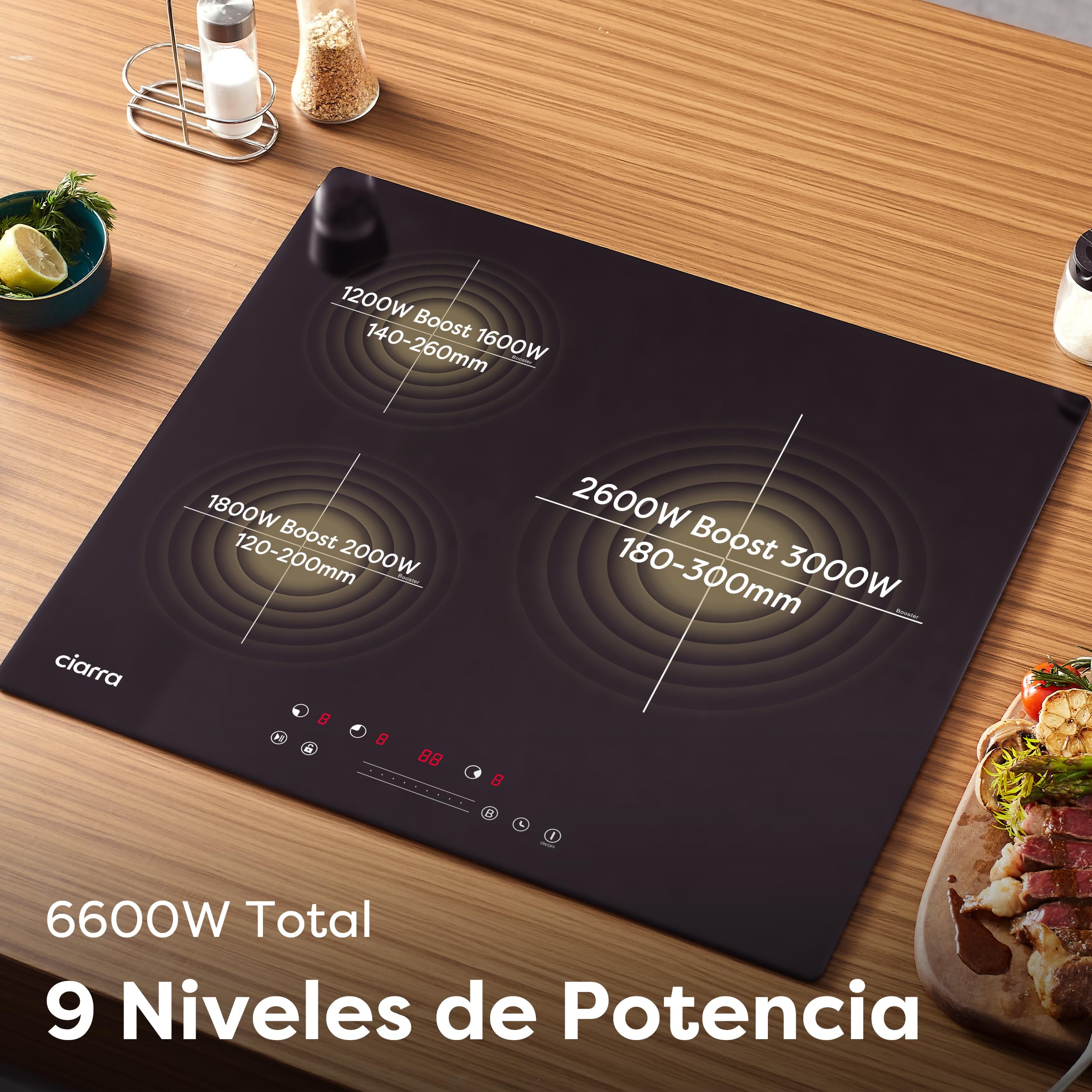 Ciarra Placa Induccion 3 Zonas 60cm Limitación de Potencia 2.8/3.6/6.6kW | Boost, Función Pausa, Bloqueo Infantil, Detector de Recipientes, Calor Residual, Apagado Automático