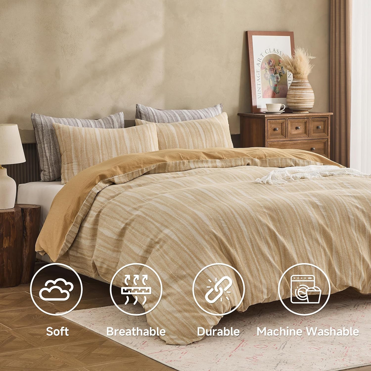 Simple&Opulence 100% Cotton Yarn-Dyed Jacquard Duvet Cover Queen Size, 3 Pcs Ripple Duvet Cover Set with 7 Inner Ties, Soft Breathable Bedding Set for All Seasons (Yellow, 88" x 92")