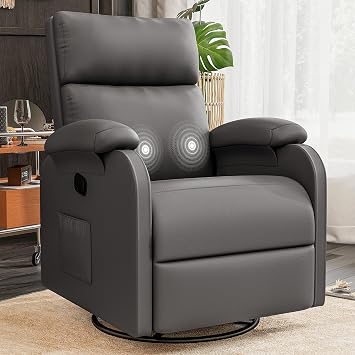 Homall Recliner Chair, 360 Swivel Rocking Chair for Adults, Massage Nursery Chair with Adjustable Backrest and Footrest, PU Leather Glider Rocker Recliners with Side Pocket for Living Room Grey