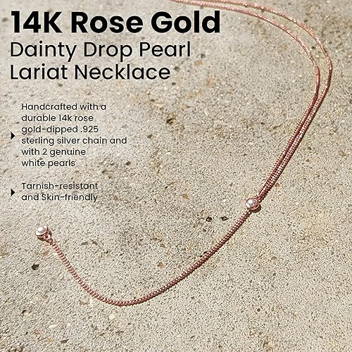Vista 9 de Faire de la Mode 14k Gold Plated Sterling Silver Lariat Necklace with 2 Delicate Pearl in a 3.25" Dainty Drop Pendant, 16" - 19" Gold Plated