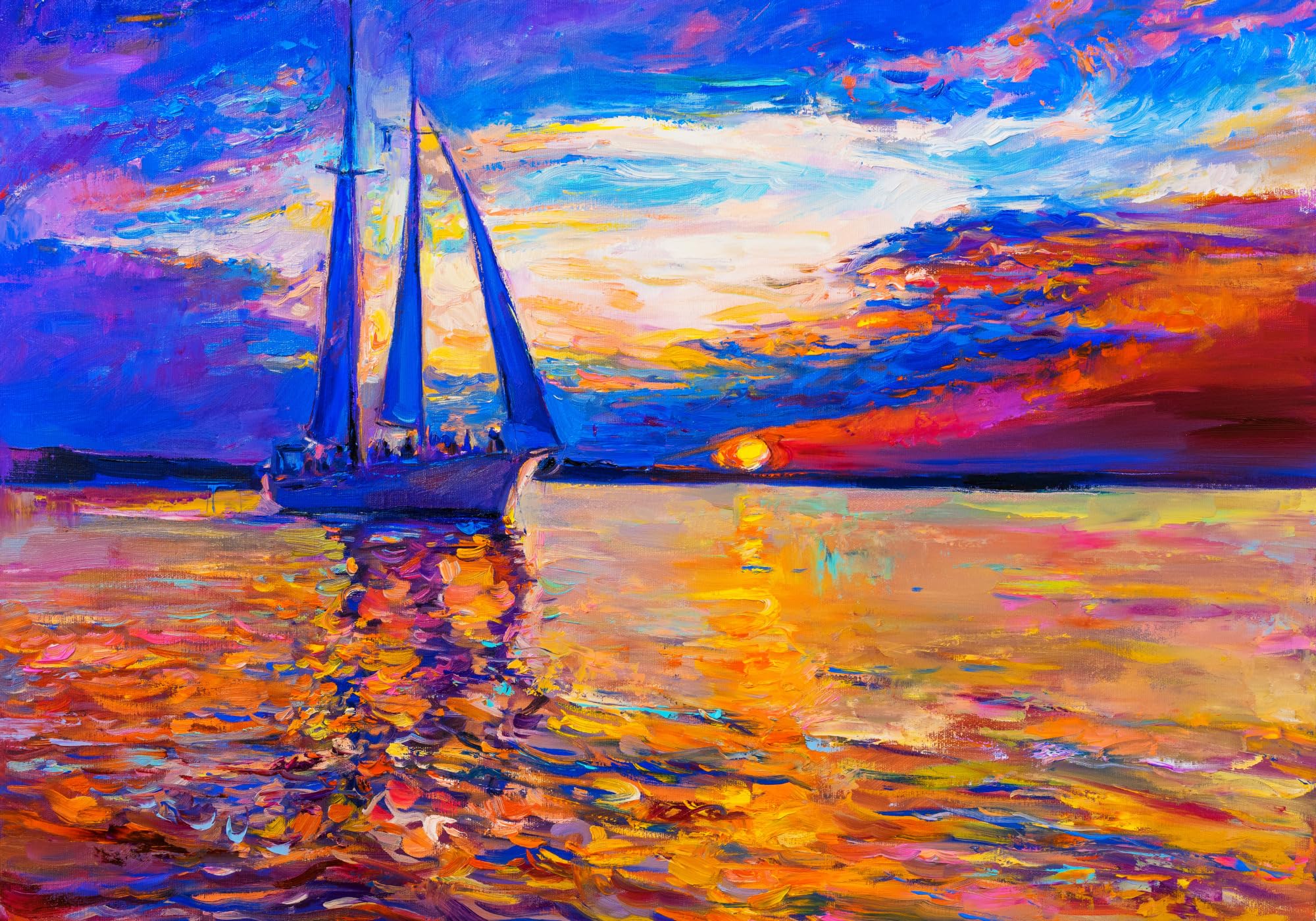 WALLERO HandArt Leinwandbild Farbiger Sonnenuntergang am Meer – mit Struktur-Effekt | Kunstbilder wie handbemalte Wandbilder für Wohnzimmer Schlafzimmer Flur 70x50