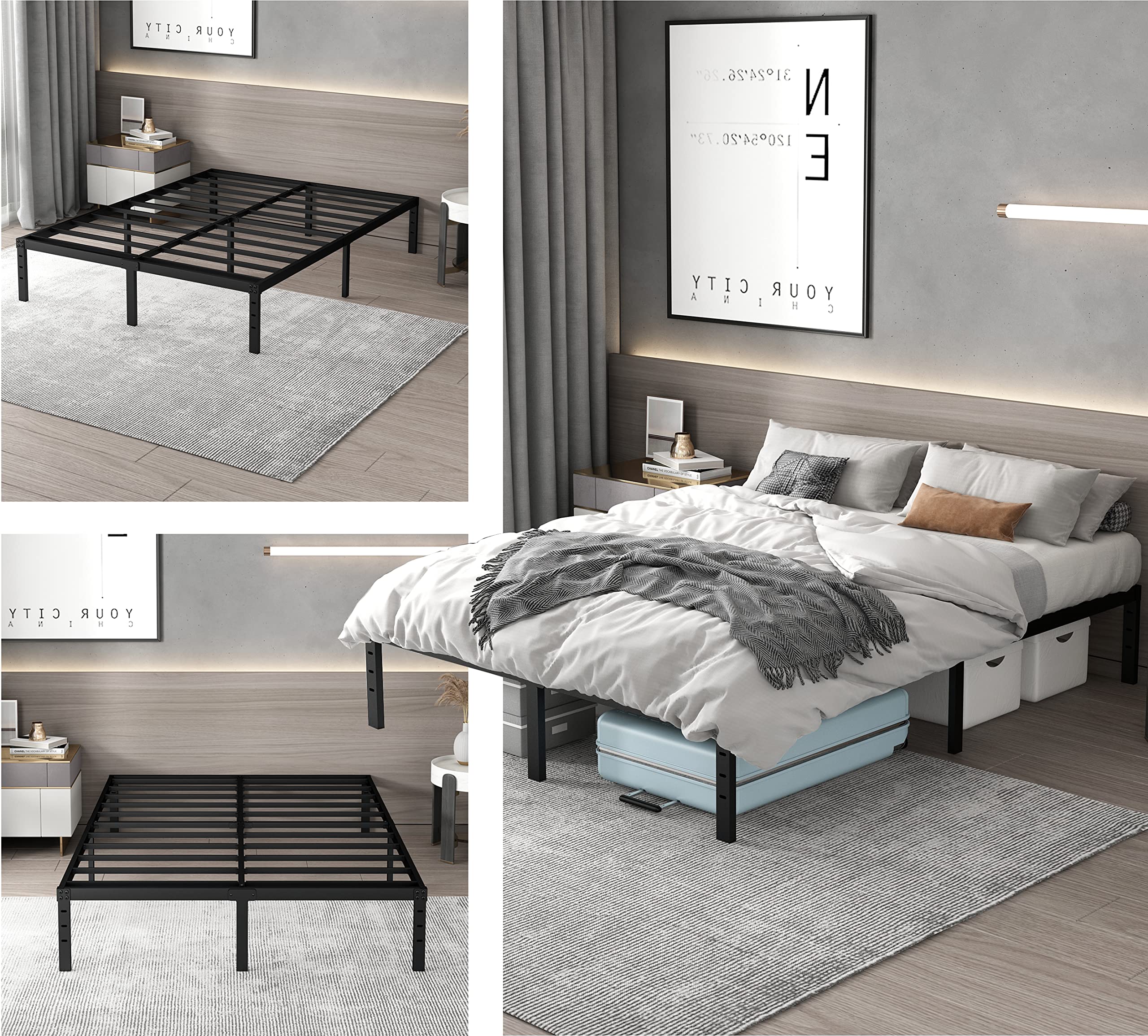 Elenooz 14 Inch Queen Metal Bed Frames, Sturdy Steel Slat Support Black