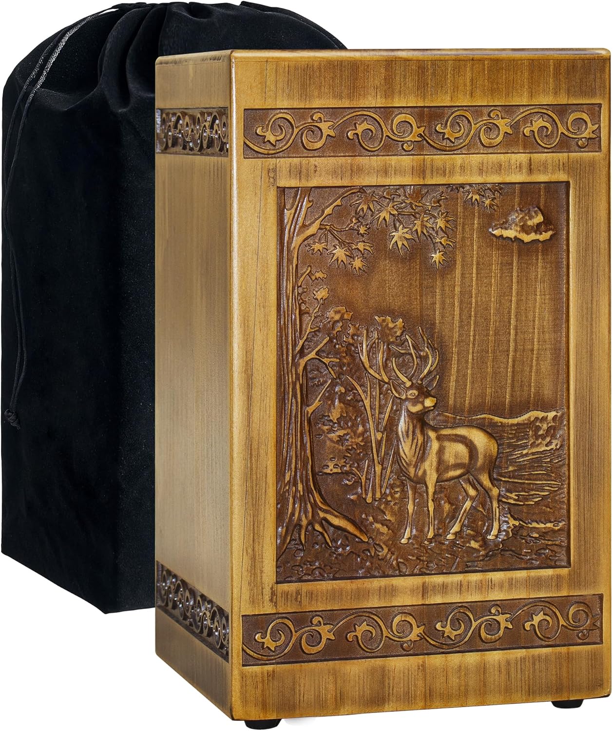 Wooden Cremation Urns for Human Ashes Adult Male Female Deer Carving Handmade Wood Funeral Decorative Memorial Urn Box, Holds 270 Cubic Inch