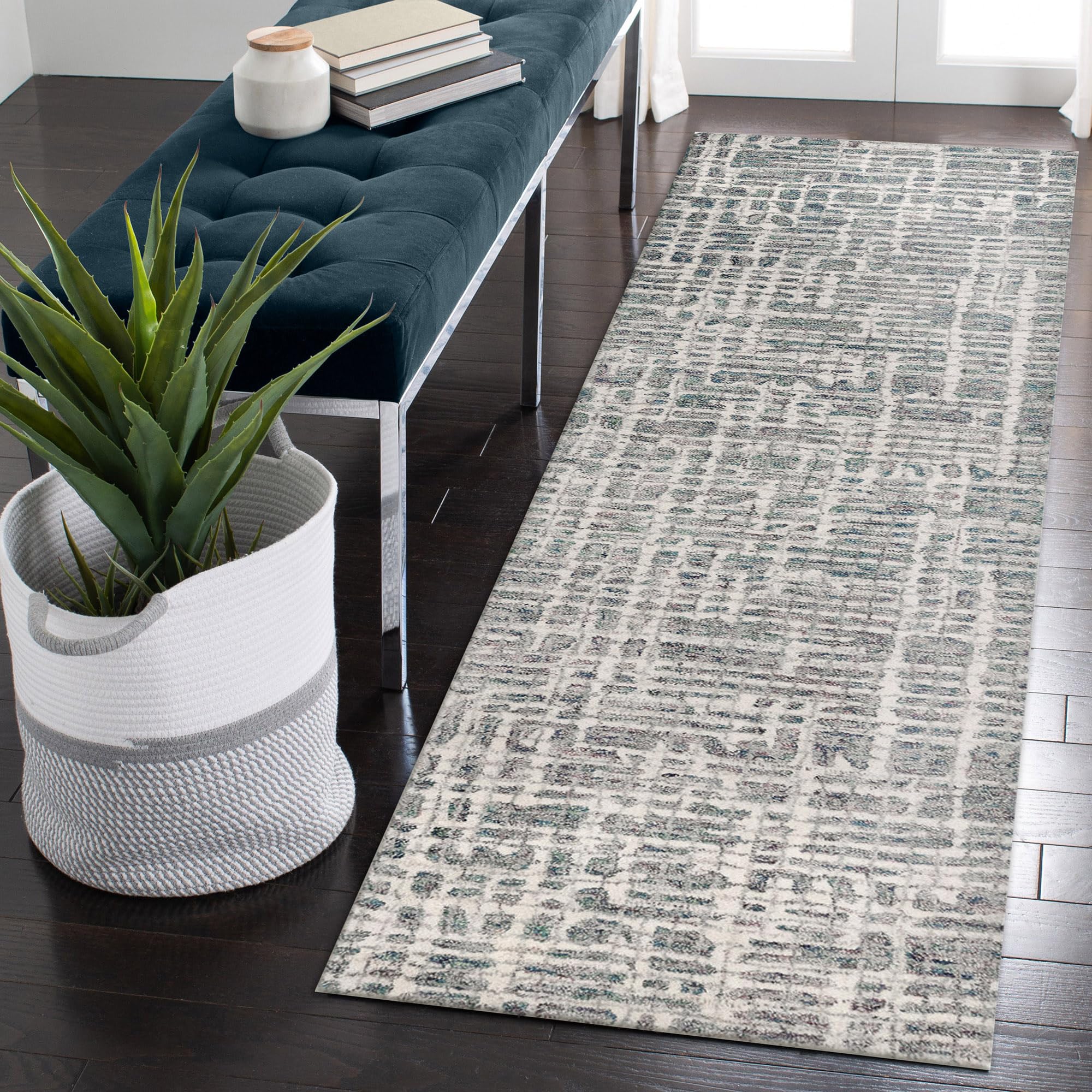 Liora Manne Savannah Grid Ocean Indoor Runner Rug, 2' X 7'6", Blue Beige