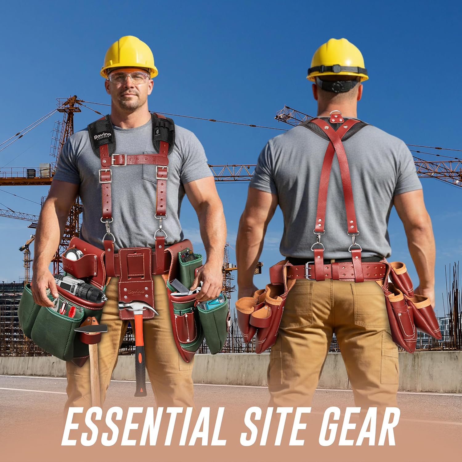 Tool Belt Suspender – Heavy Duty Leather Shoulder Straps with Padding for Carpenters, Framers, Electricians & Construction Work