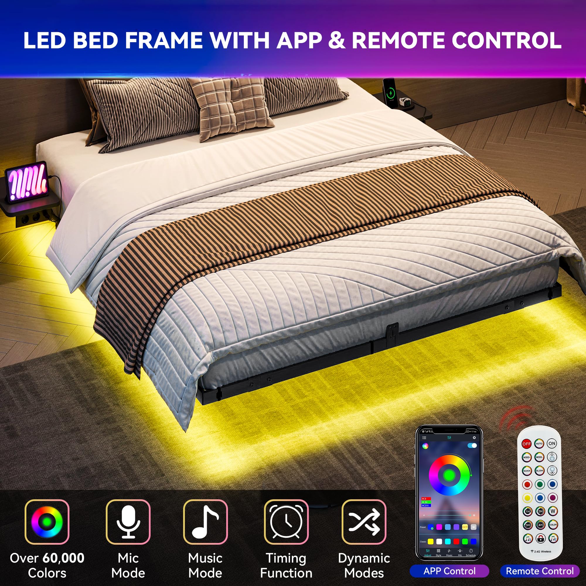 YITAHOME Estructura de Cama con iluminación LED, estación de Carga USB, Interfaz Tipo C, diseño Flotante, Marco de Metal, Funda de Tela sin colchón, 140 x 200 cm