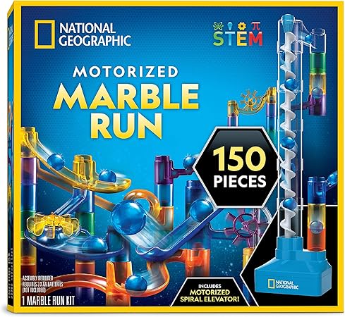 National Geographic Marble Run with Motorized Elevator - 150-Piece Marble Maze Kit with Motorized Spiral Lift, 30 Marbles, Storage Bag & More, Perpetual Motion Machine, Kids Physics Toys