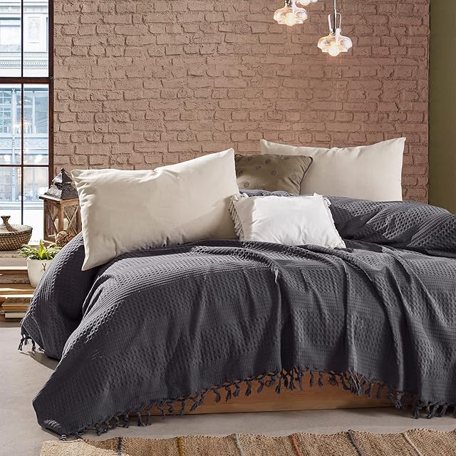 Milam London Cotton Waffle Bedspread, Throw For 2 - 3 Seater Sofa, Settee, Couch, Bed I King Size 220 x 240 cm - Grey