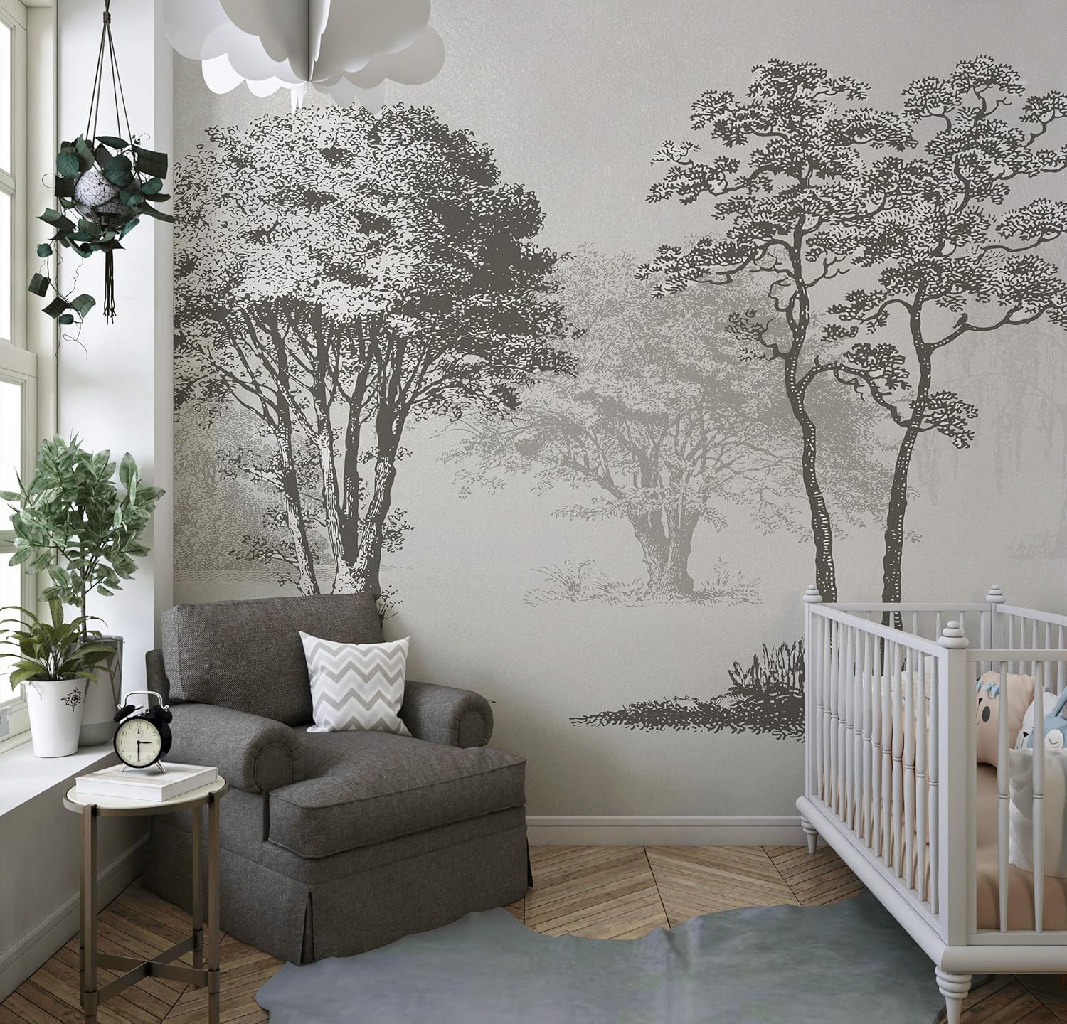Vintage Forest Trees Wall Mural. Monochrome Abstract Sketched Art Design. Peel and Stick Wallpaper | Removable Wall Mural. #6329 (9ft Tall X 8ft Wide)