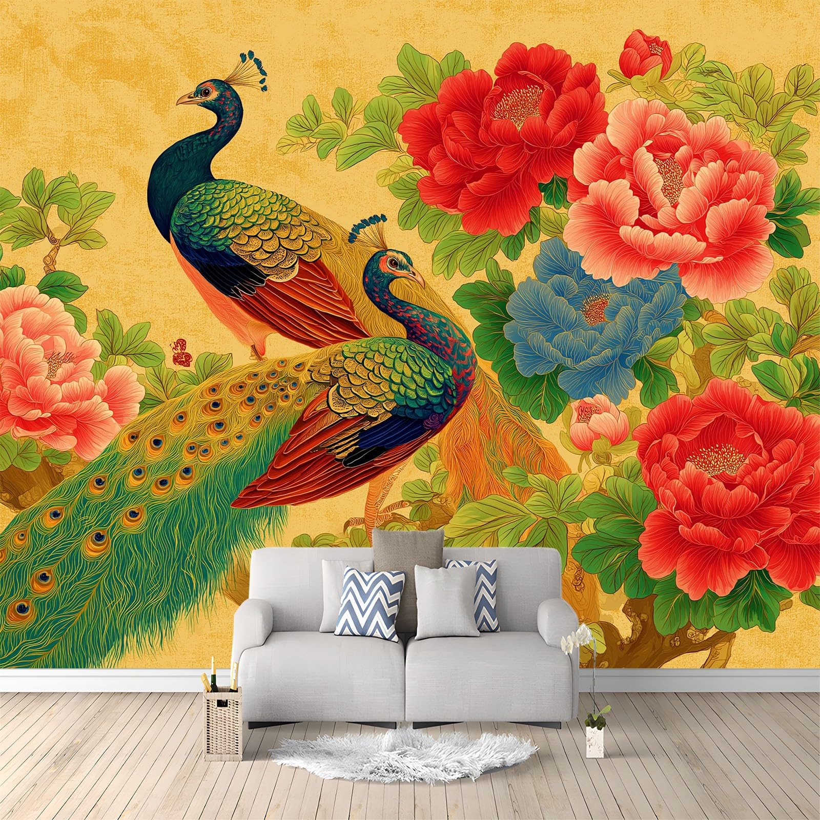 Fototapeta 3D, pawi, piwonia, orientalny kwiat, elegancki, 200 x 140 cm, luksusowa włóknina, dekoracja, fototapeta, obraz, idealna do salonu, sypialni dziecięcej, dekoracja domu, żółta