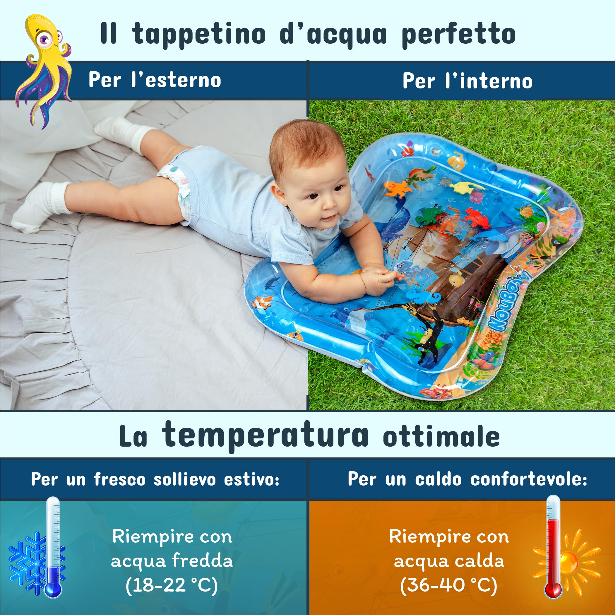 NouBaby® Tappetino Tummy Time Neonato e Cuscino Tummy Time Neonato ad Acqua. Giochi Sensoriali Neonati, Giochi Tummy Time Neonato per Sviluppo Motorio 0-3 0-6 Mesi. Regalo Nascita Bimbo Bimba