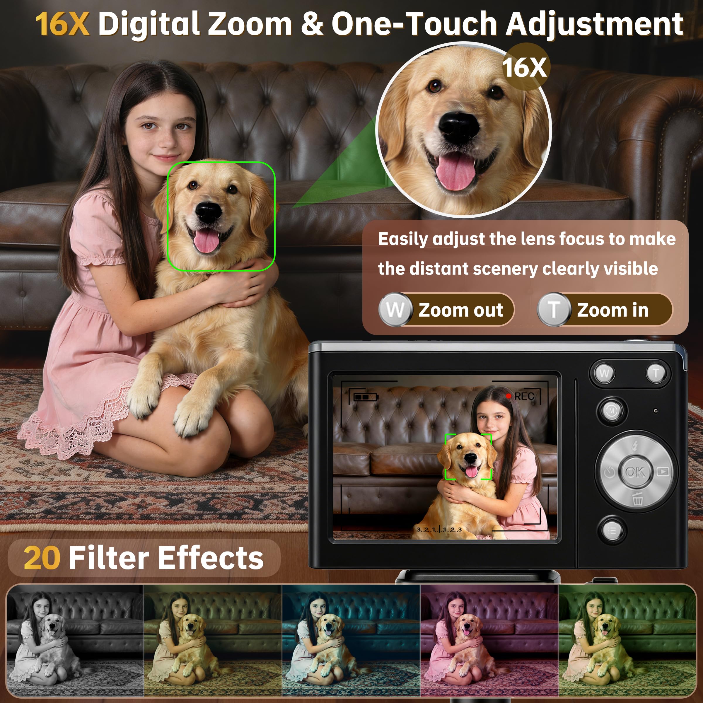 Fotocamera digitale 4K per fotografia autofocus, zoom 16x, fotocamera digitale compatta portatile da 50 MP, fotocamera compatta da viaggio per principianti con scheda da 32 GB, 2 batterie, colore nero