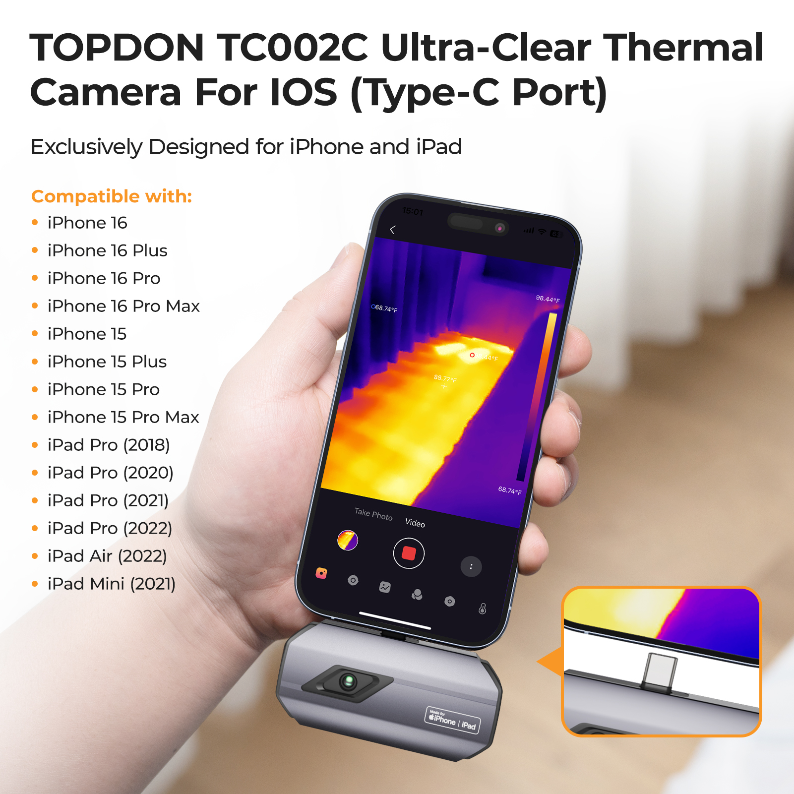 Image of TOPDON TC002C Thermal Camera, 512 x 384 Super Resolution, 256 x 192 IR Resolution, Thermal Imager for iPhone 17 /16 /15 Series & iPads with Type-C Port, -4F~1022F Temp Range, Upgraded Version of TC002