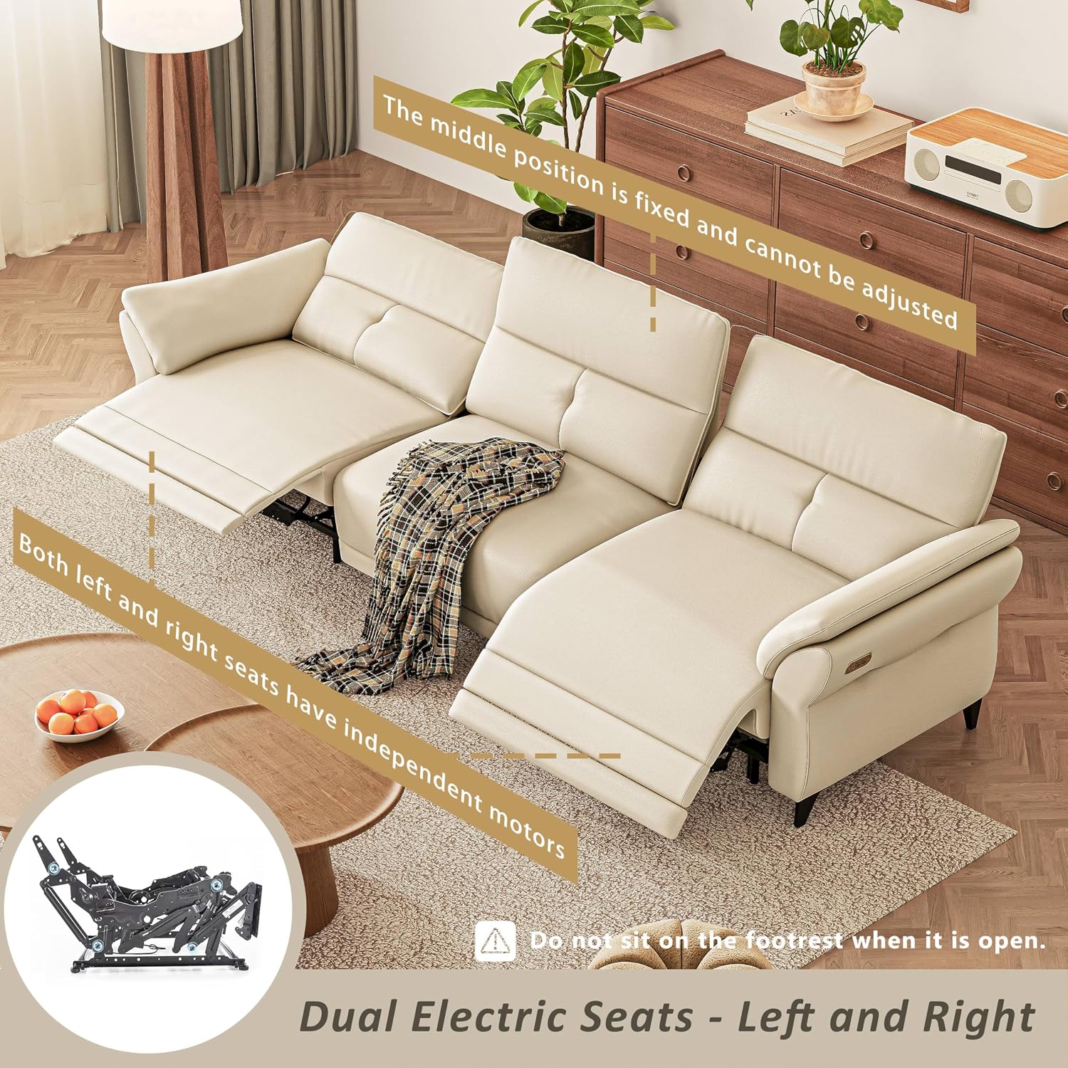 White Modern 3-Seat Leather Power Reclining Sofa with Dual Motor Console and USB Ports