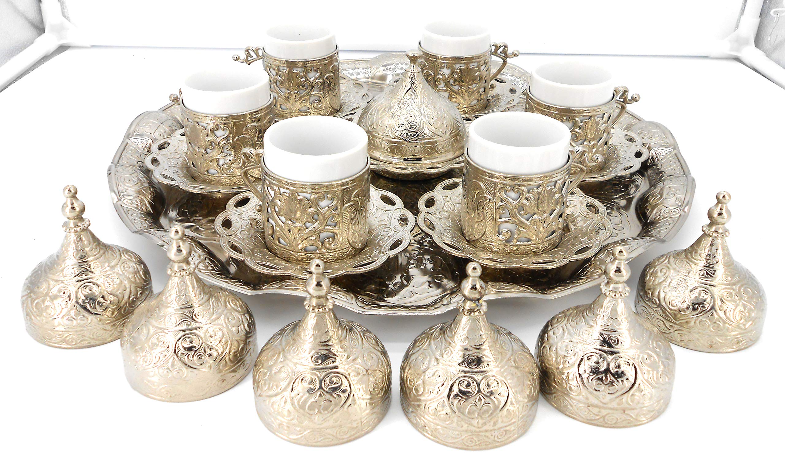 Silver color Set of 6 coffee cups with metal saucer, cup holder & tray/Moroccan drink ware/Home decorative