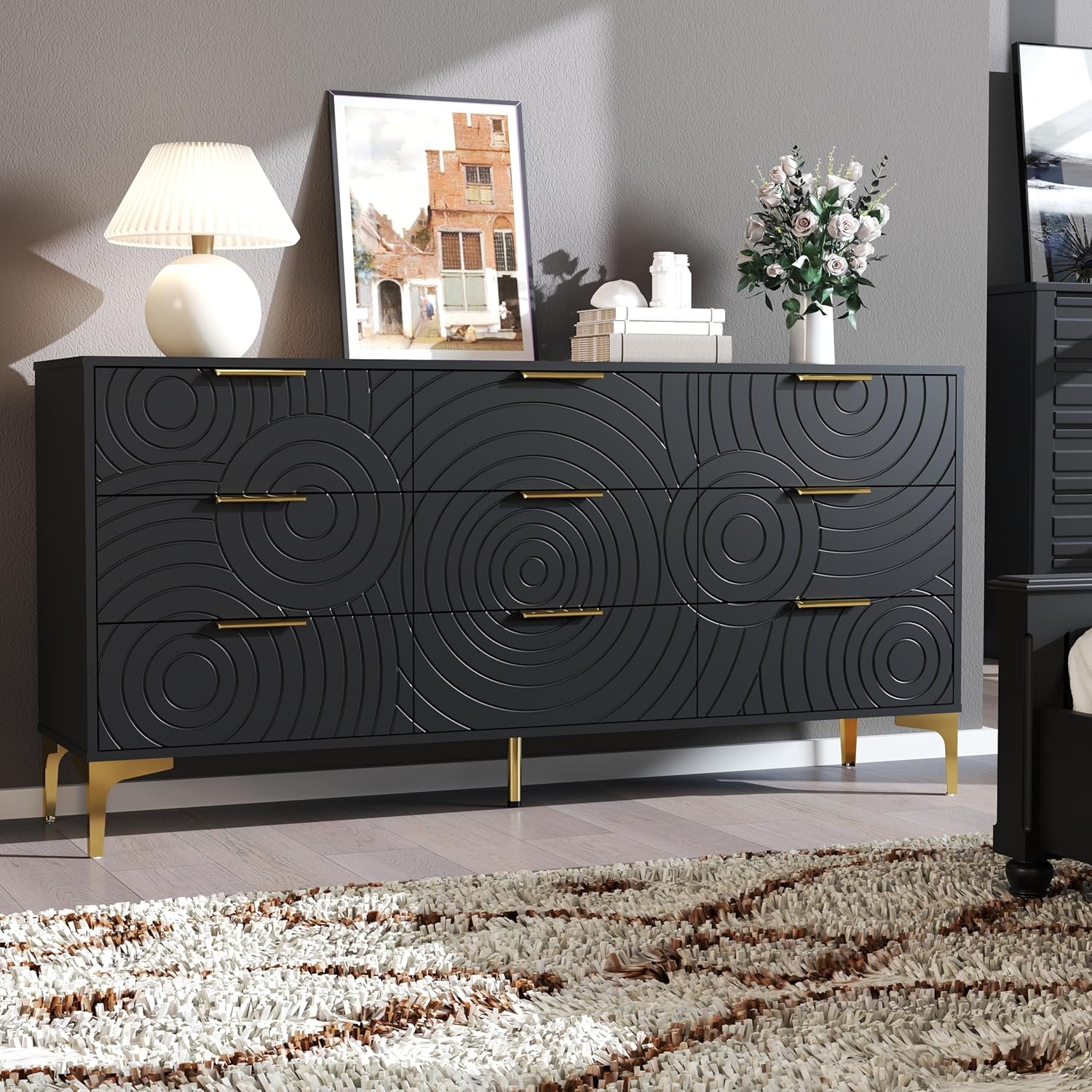9 Drawer Dresser, Modern Wooden Dresser Chest with Metal Handles, Large Storage for Bedroom, Living Room or Closet Organizer (Black)