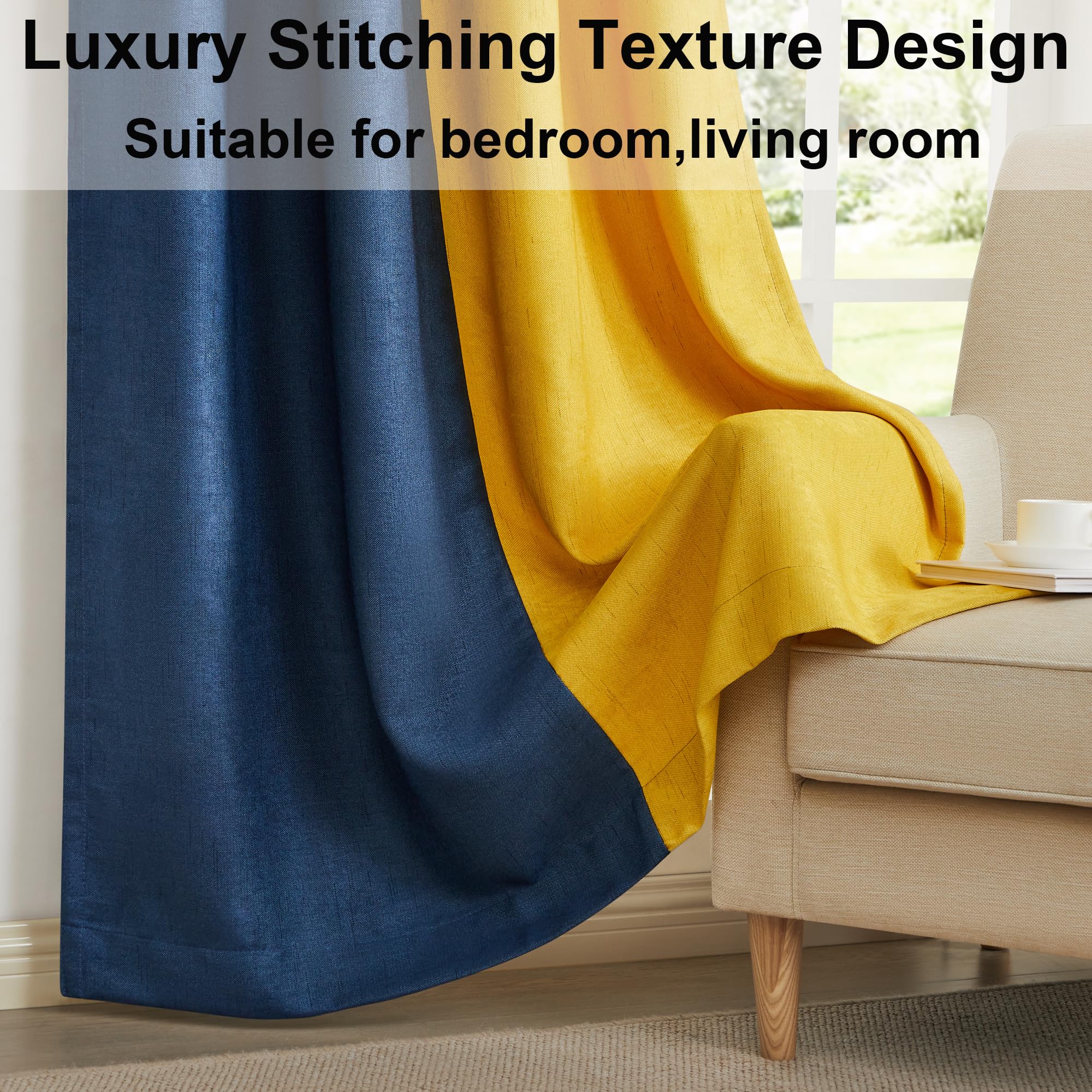 PRIMROSE Navy Blue Yellow Linen Curtains 108 inch Long for Living Room Set of 2 Panels Blackout Thermal Insulated Room Darkening Ombre Curtains Window Drapes for Bedroom Grommet - Image 4