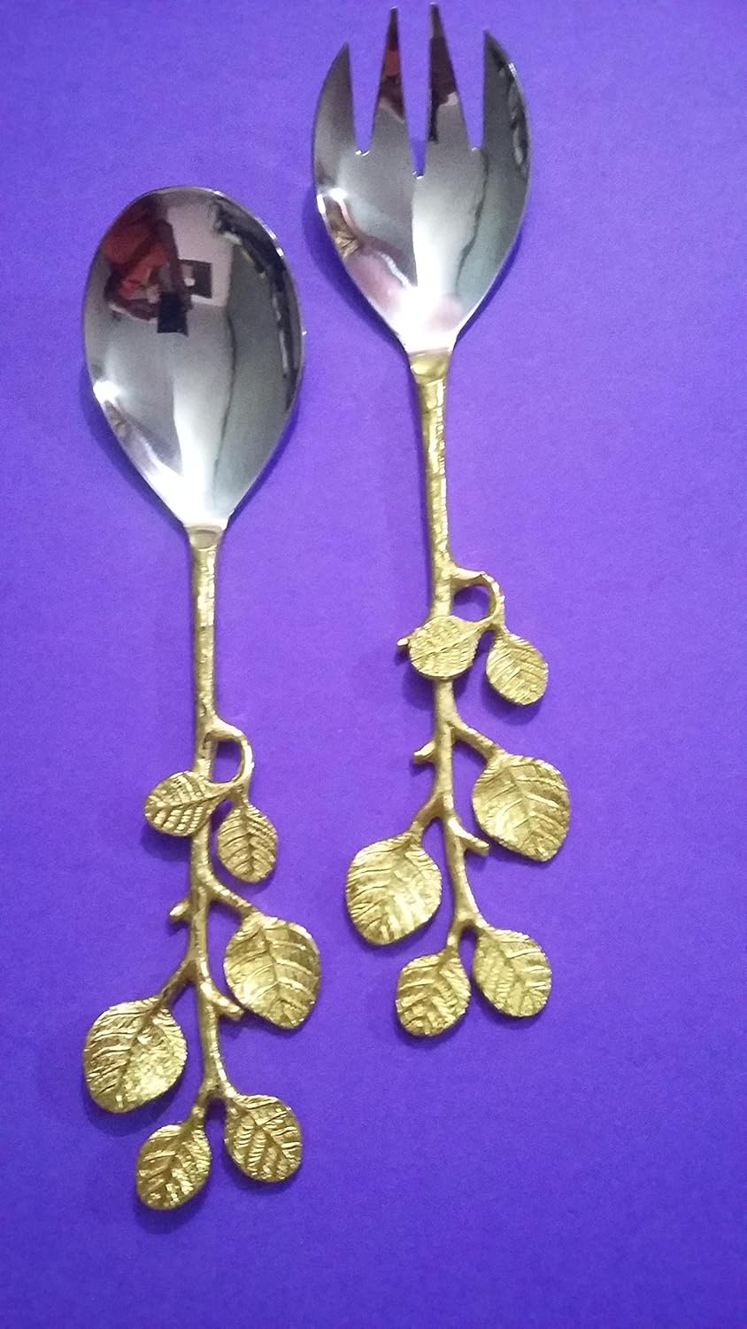 Stylish Designer Decorative Stainless Steel Large Gold Twigs Salad Serving Spoon & Fork Set - By Marigold Stores™
