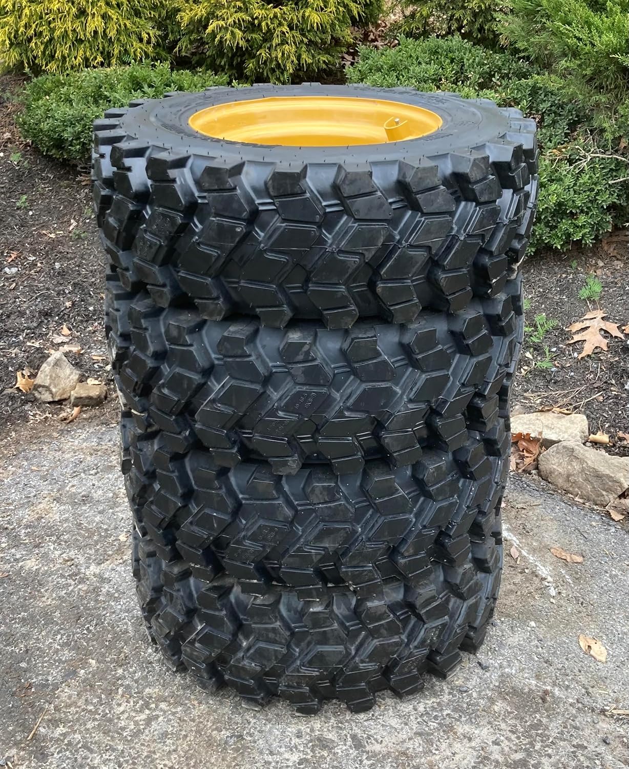Set of 4-Heavy Duty 10-16.5 Forerunner SKS-9 Skid Steer Tires on Wheels/Rims (8 lug) for Caterpillar & more - 10X16.5-12 PLY - Good Snow Traction - Self-cleaning tread (SKS753 STYLE)