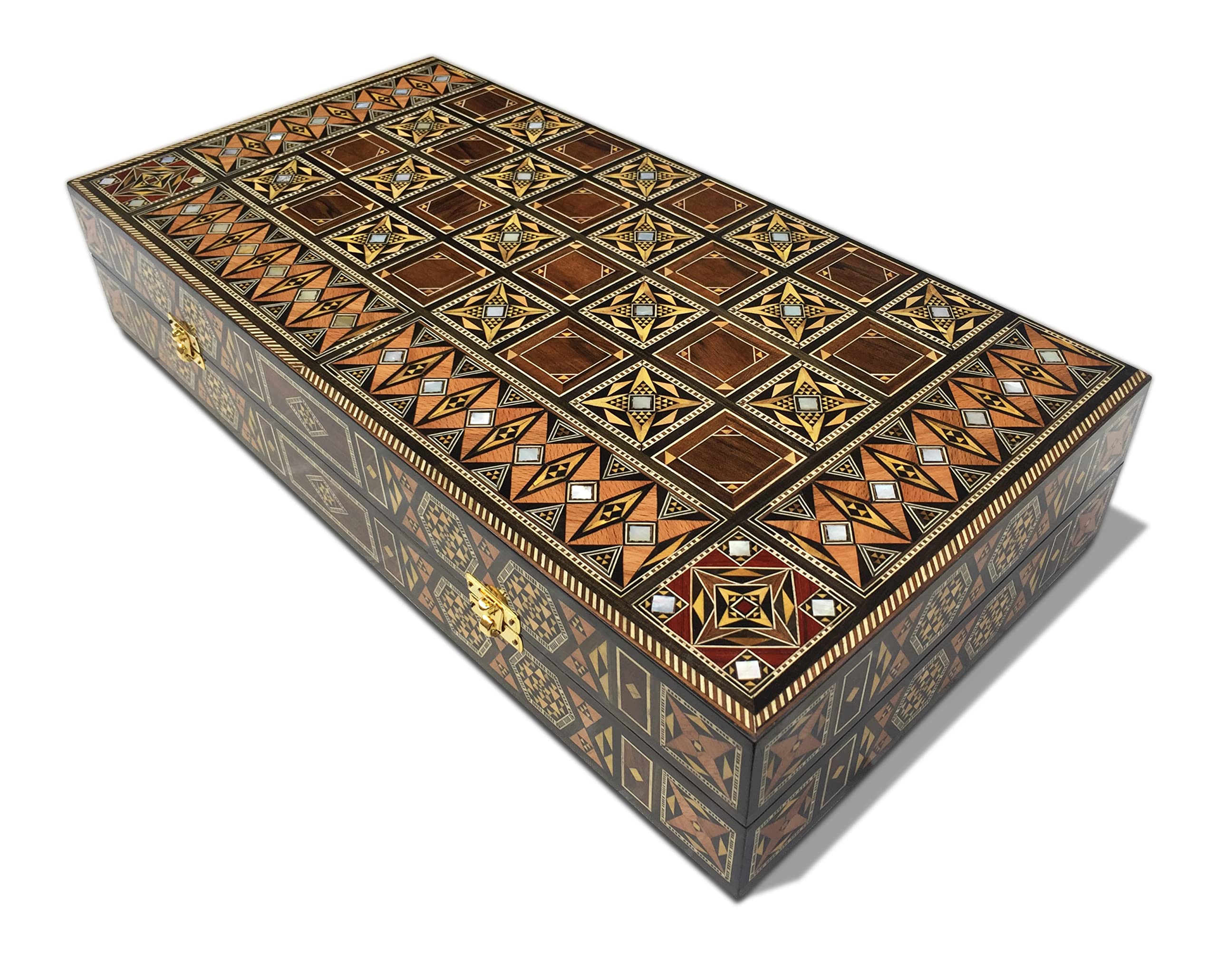 Nuovo 50 x 50 cm in legno Backgammon Tavla/Gioco di scacchi/DAMA,Tavla,Original intarsien Artigianato fatto a mano, Brett BK 50 con 30 pietre di backgammon in legno e con personaggi di scacchi da 97
