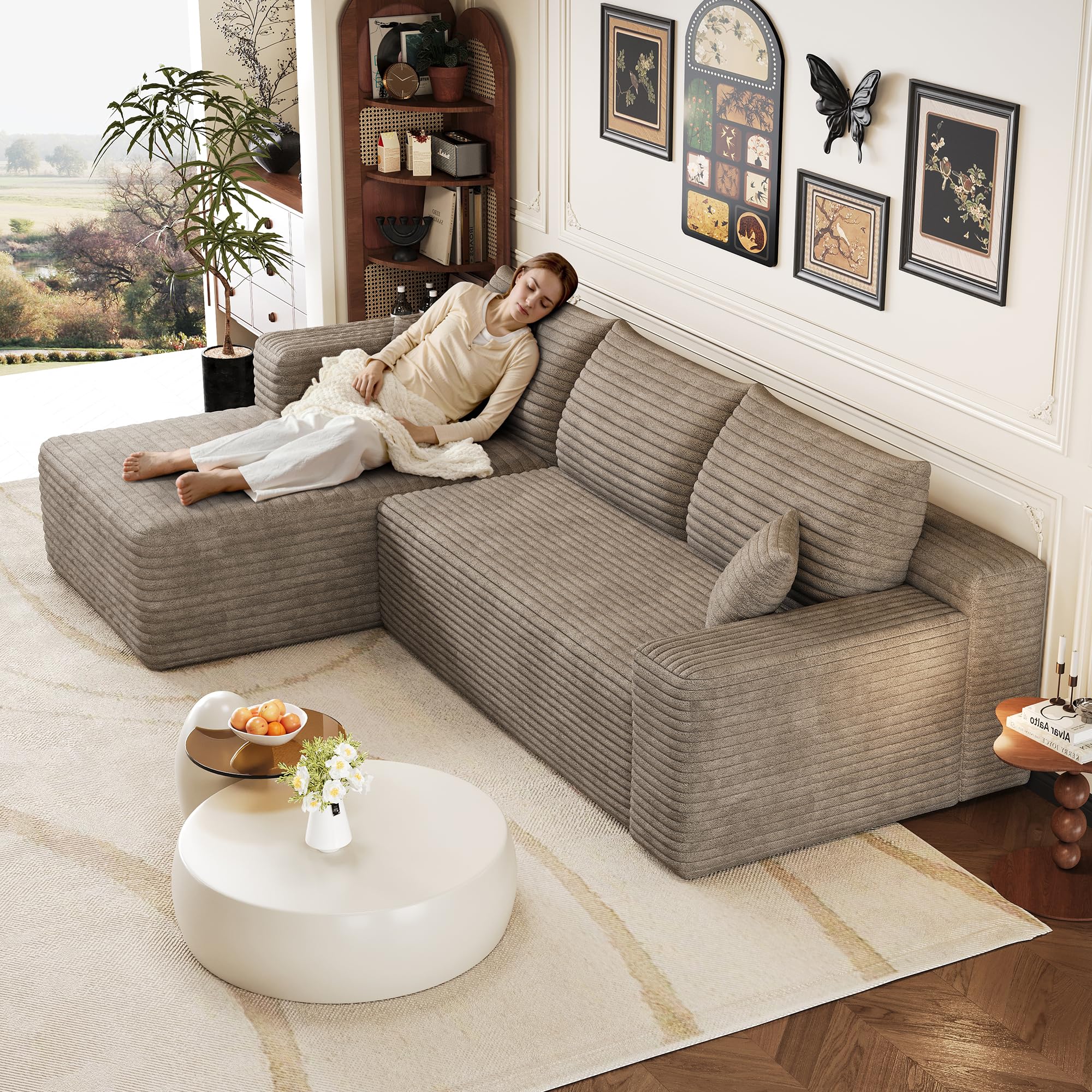 Moderne canapé d'angle Convertible, 239 cm canapé compressé avec méridienne en Forme de L, canapé d Angle modulaire rembourré à Assise Profonde pour Salon(Camel, Angle à Gauche)