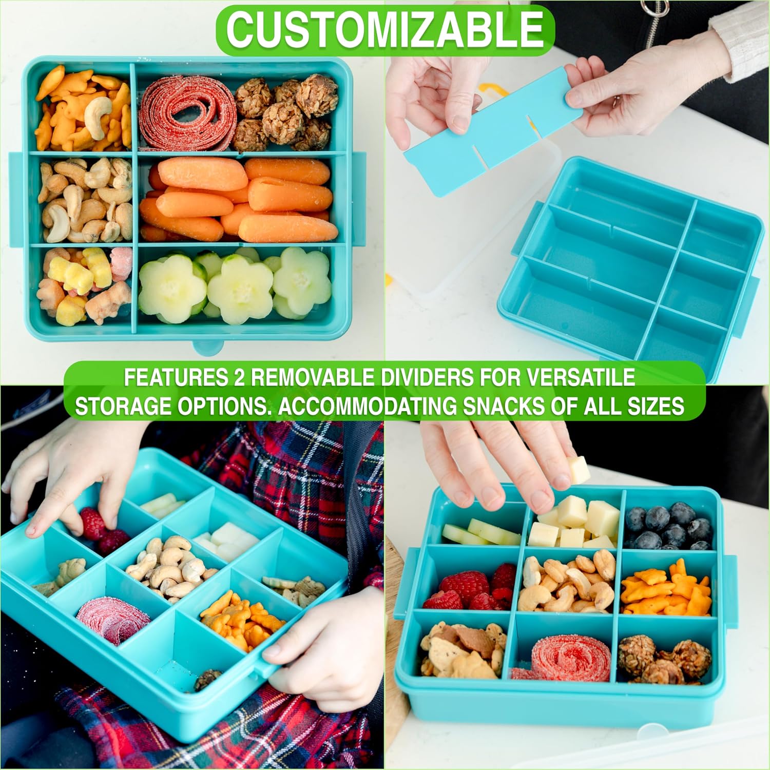 Travel Snack Box for Kids - Customizable Snackbox Container Organization System with Removable Dividers and Fun Silicone Character Decorations - Air-Tight Dishwasher-Friendly Toddler Food Containers