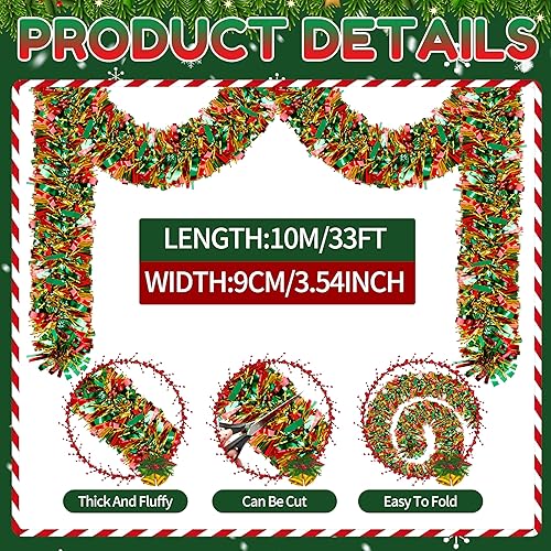 Miniatura 2 de Guirnalda de oropel de Navidad de 33 pies, guirnalda gruesa de oropel para decoración del árbol de Navidad, verde, rojo, dorado, guirnalda de oropel