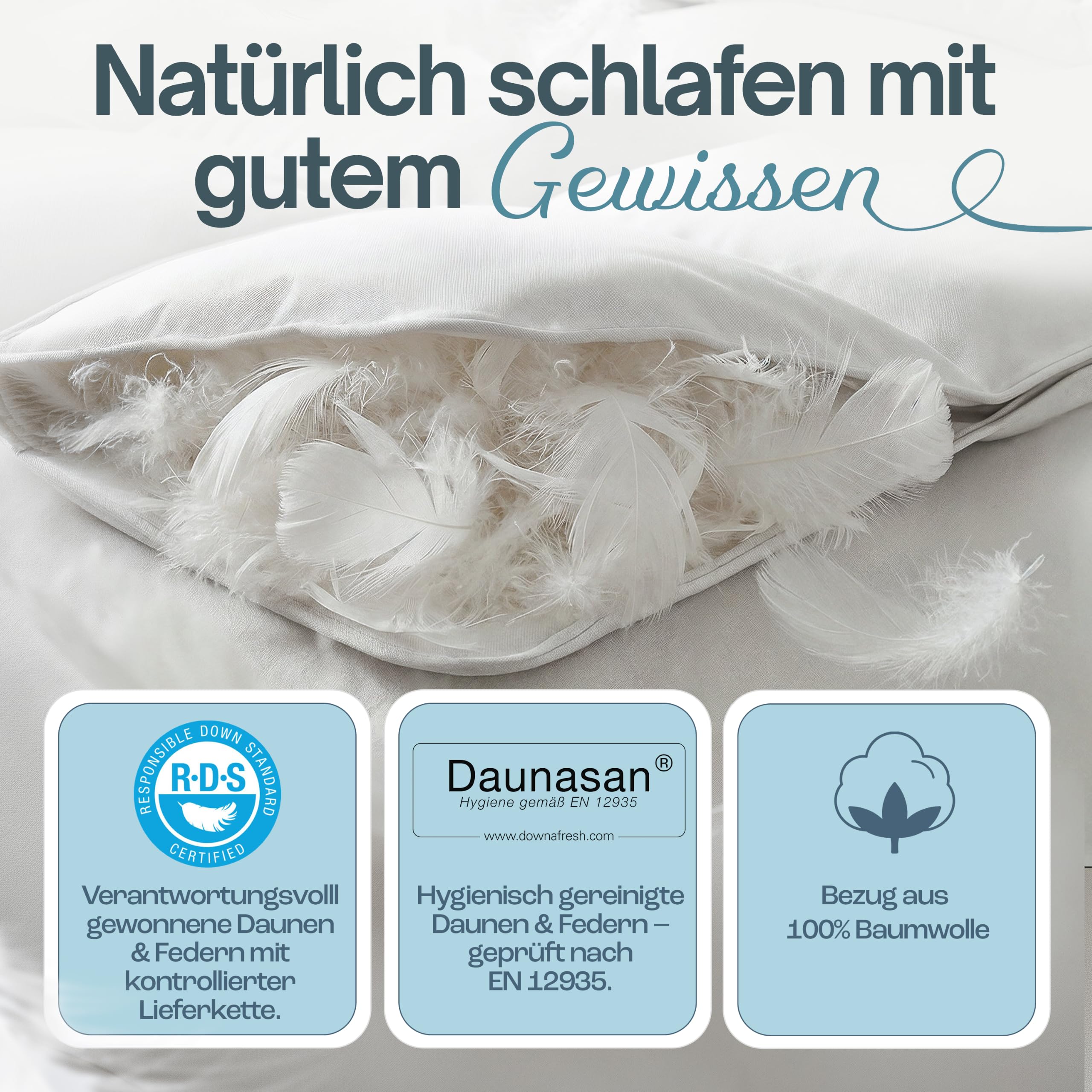 Daunendecke 135x200 Ganzjahresdecke Bettdecke Duvet | Mit 100% Daunen & Federn, 100% Baumwollbezug, Oeko-Tex geprüft, atmungsaktiv & allergikerfreundlich, DE-zert.