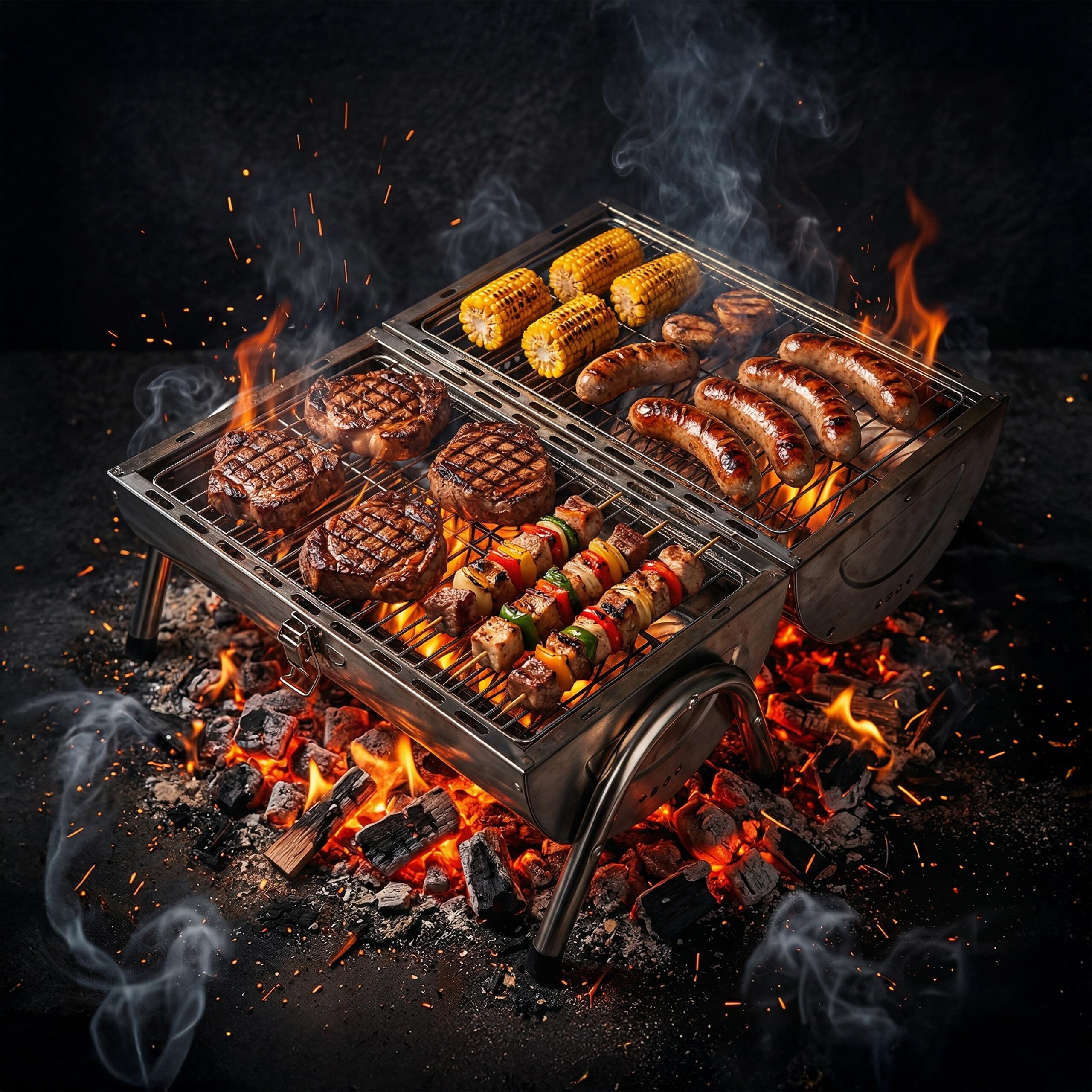 Relaxdays Barbecue de table 2 grilles 34 x 21,5 cm, argent | camping & outdoor, pliable et fumoir, poignée bois, inox