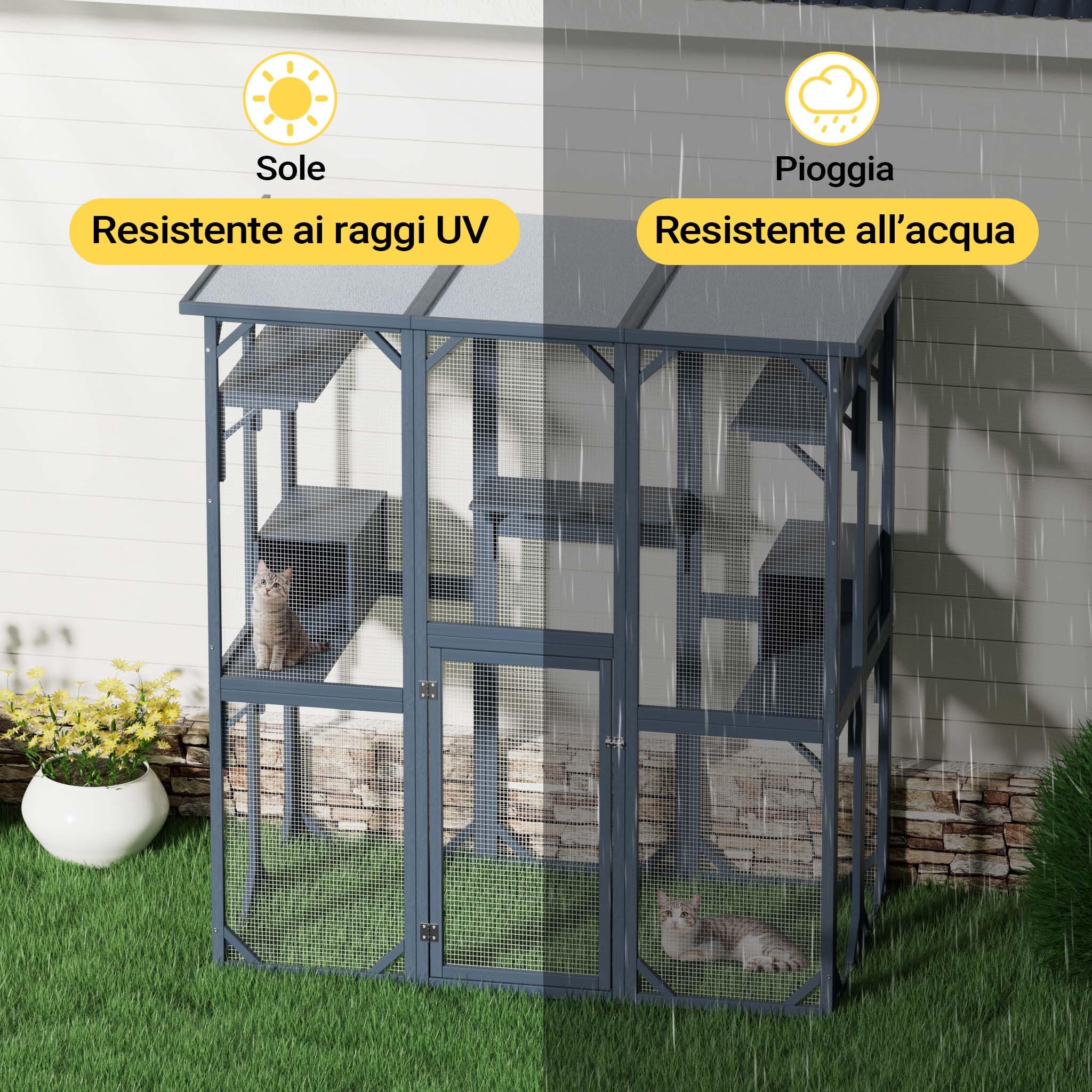 Wiltec Recinto per gatti da esterno 1705 x 925 x 1810 mm, recinzione antifuga in legno con tetto in asfalto, diversi livelli, per giardino, balcone, terrazzo