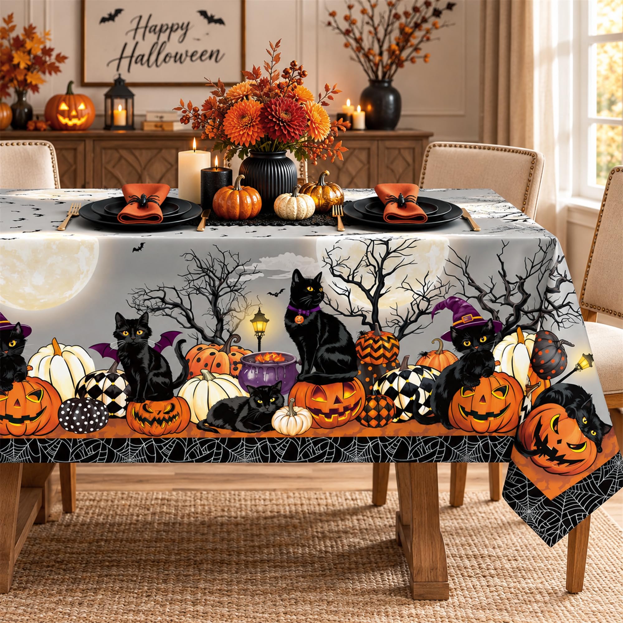 Arquiel Halloween Black Cat Polyester Tablecloth, Pumpkin, 152 x 213 cm — image 1