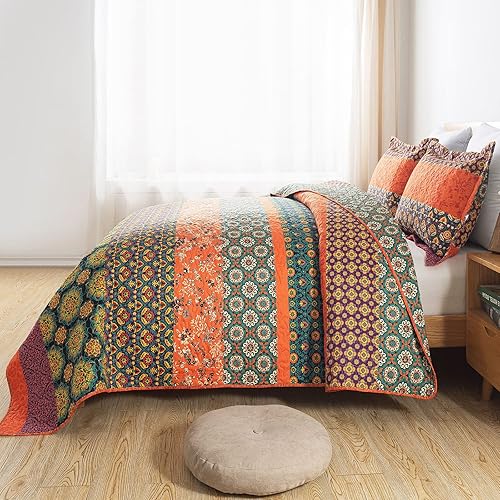 Miniatura 4 de HoneiLife Juego de edredón tamaño Queen  Colcha de microfibra de 3 piezas, colchas ligeras de flores silvestres, funda de cama retro, juego de ropa