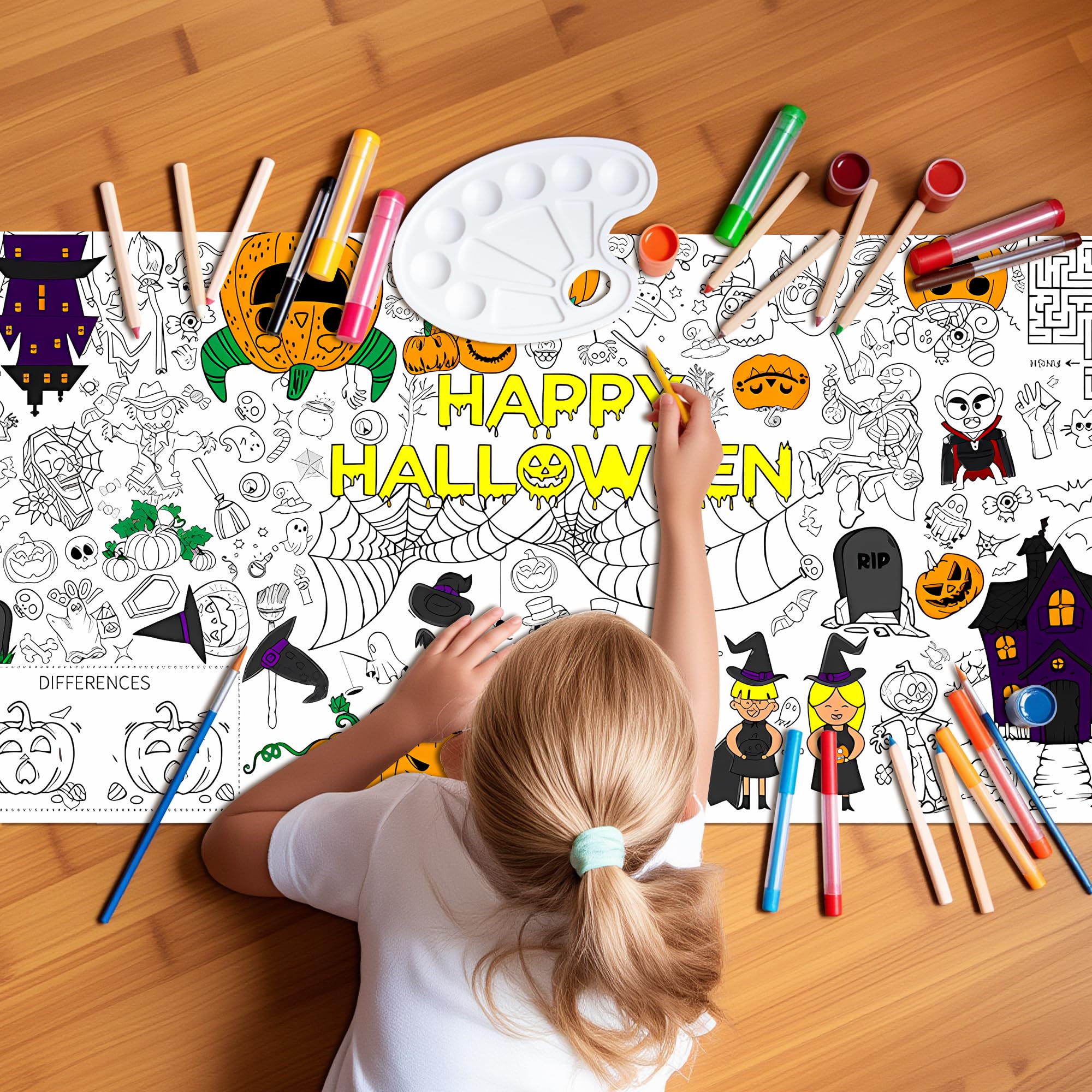 Halloween Colouring Tablecloth Children (183 x 79 cm), Halloween Crafts Children, Colouring Tablecloth for Halloween Parties Decoration and Nursery Activities
