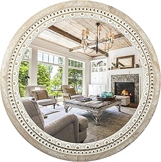 Reflinto Round Decorative Wall Mirrors, 24" Farmhouse Circle Mirror with White Wash Beads Wooden Frame Rustic Distressed M...