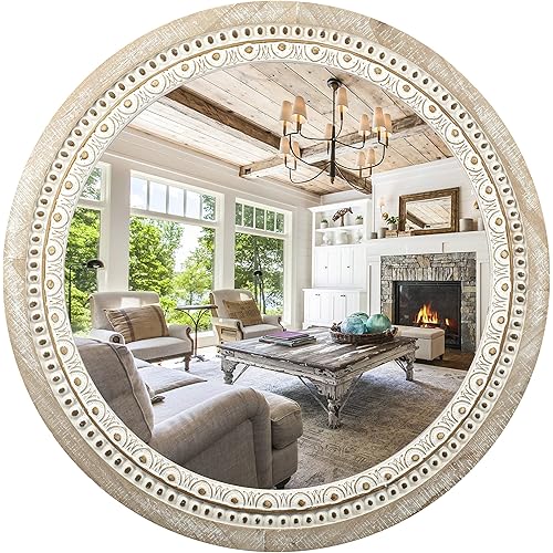Round Decorative Wall Mirrors, 24" Farmhouse Circle Mirror with White Wash Beads Wooden Frame Rustic Distressed Mirrors for Bedroom, Bathroom, Living Room, or Entryway Decor