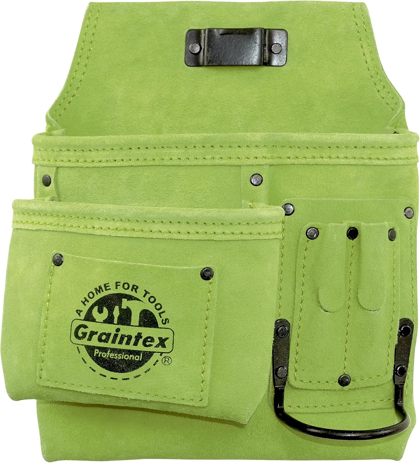 Graintex SS2492 :: 5 Pocket Left Handed Nail & Tool Pouch Lime Green Color Suede Leather for Constructors, Electricians, Plumbers, Handymen