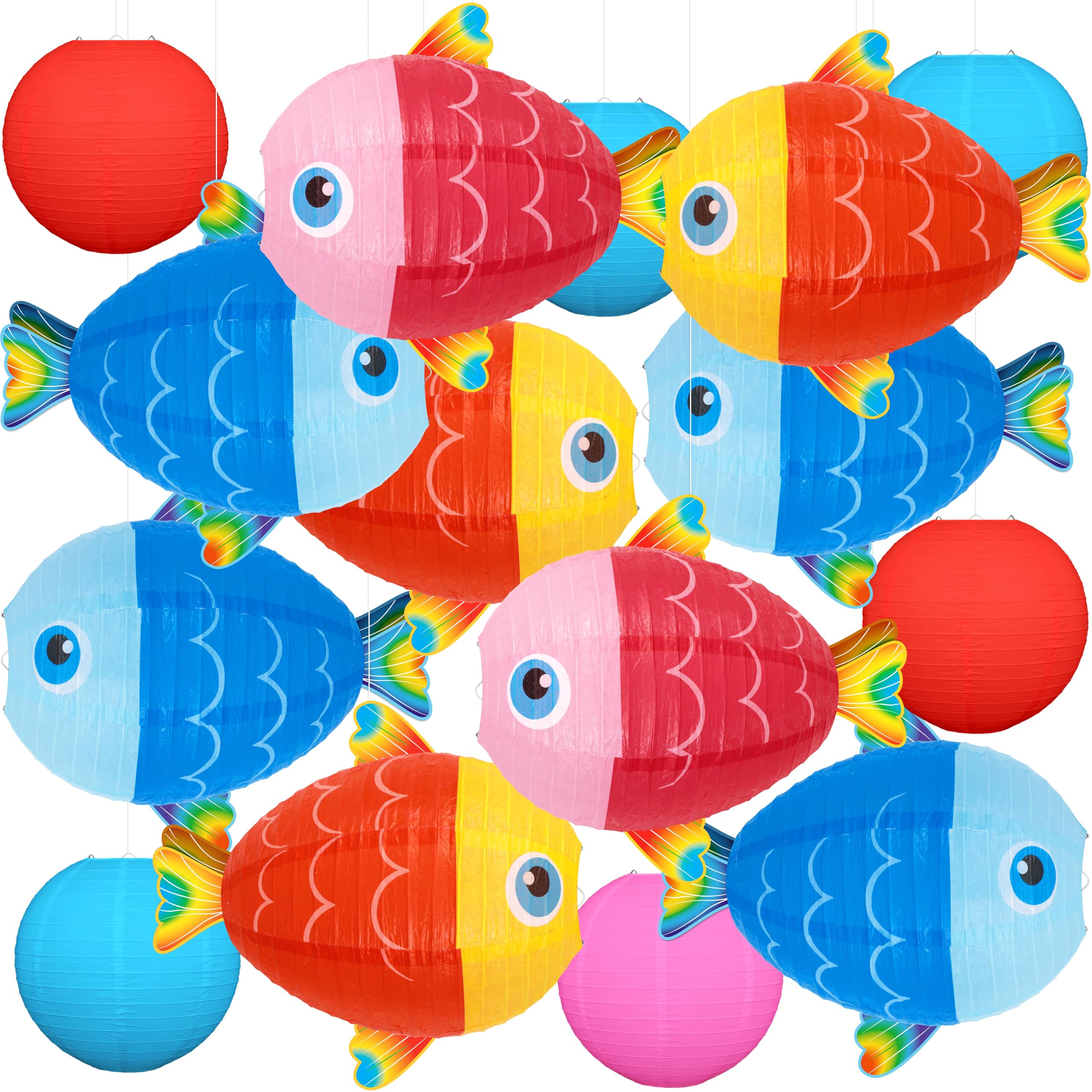 15Pcs Under The Ocean Sea Fish Party Decorations Paper Hanging Lanterns for Summer, Mermaid, Luau, Hawaiian, Birthday Decor Supplies