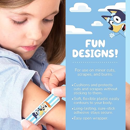 Miniatura 3 de Bluey - Vendajes para niños, 3 tamaños surtidos de 100 unidades, para llevar como calcomanías, vendajes adhesivos flexibles para cortes menores,