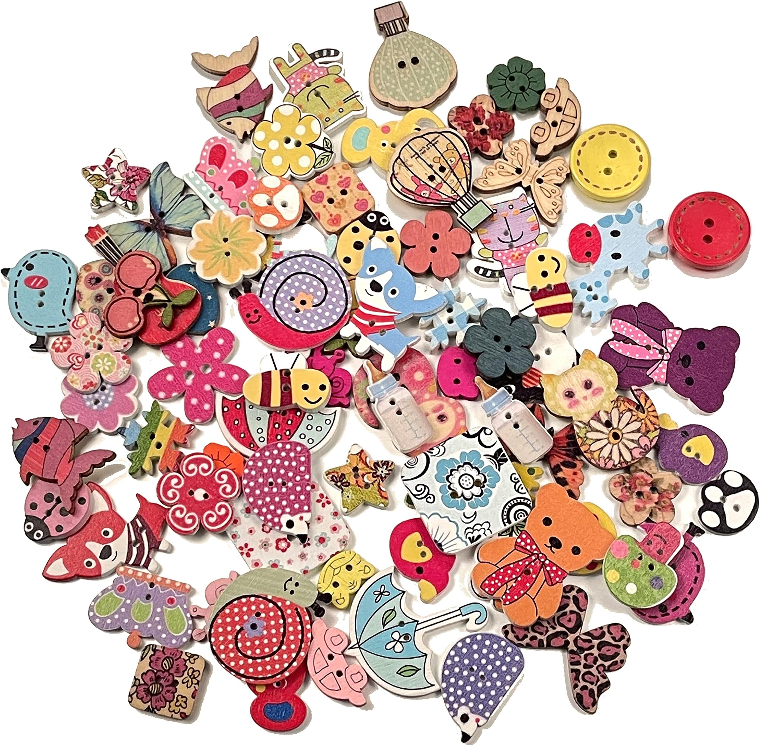100pcs Wooden Buttons Animals Flowers Butterflies Mixed Buttons Vintage Painting Decoration Natural Wooden Buttons Bulk 2 Holes Sewing Crafts