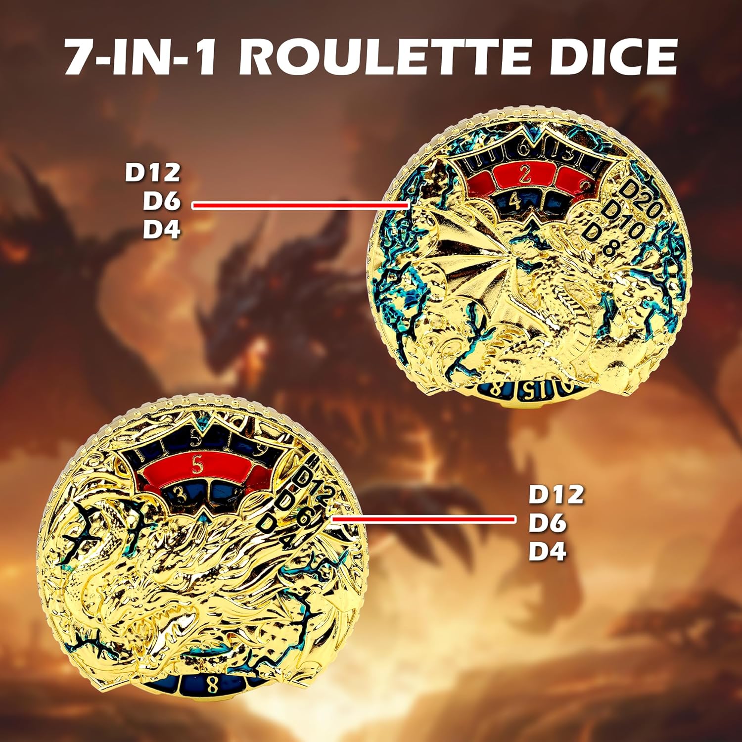 Roulette Dice Spinner, DND Spinner Dice, Metal DND Dice Set for D&D, Role Playing Tabletop Games (Gold)