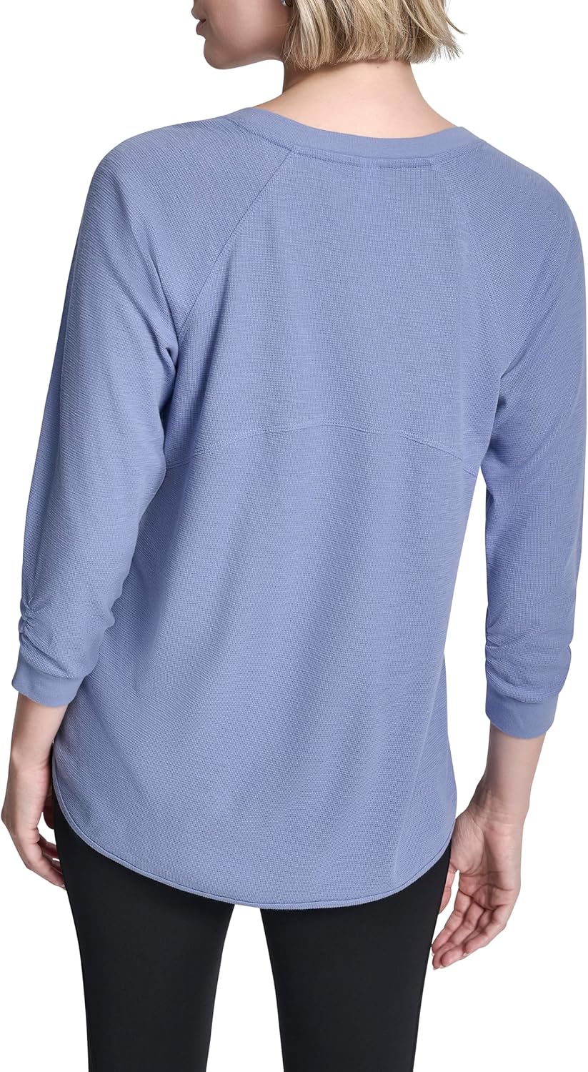 DKNY Womens Mini Waffle 3/4 Sleeve V-Neck Inset T-Shirt - Image 3