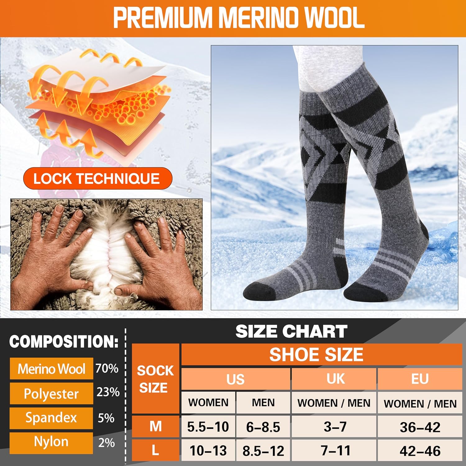 3 Pairs Merino Wool Ski Socks for Womens Mens Thermal Winter Warm Thick Knee High Socks for Skiing Snowboarding - Image 5