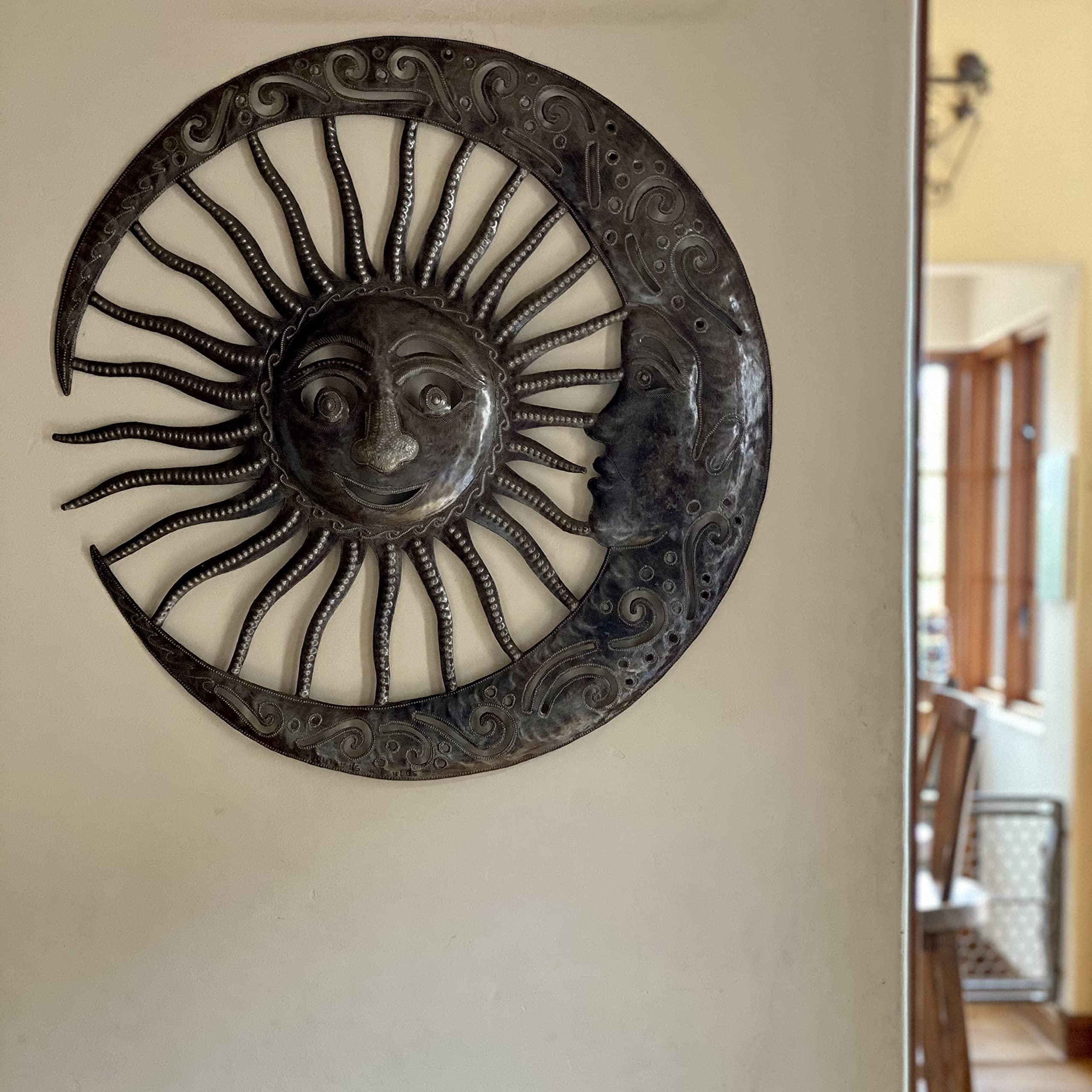 Coppia celeste di sole e luna, bronzo argentato, decorazione da parete haitiana, sculture decorative in metallo, per interni ed esterni, 63 cm