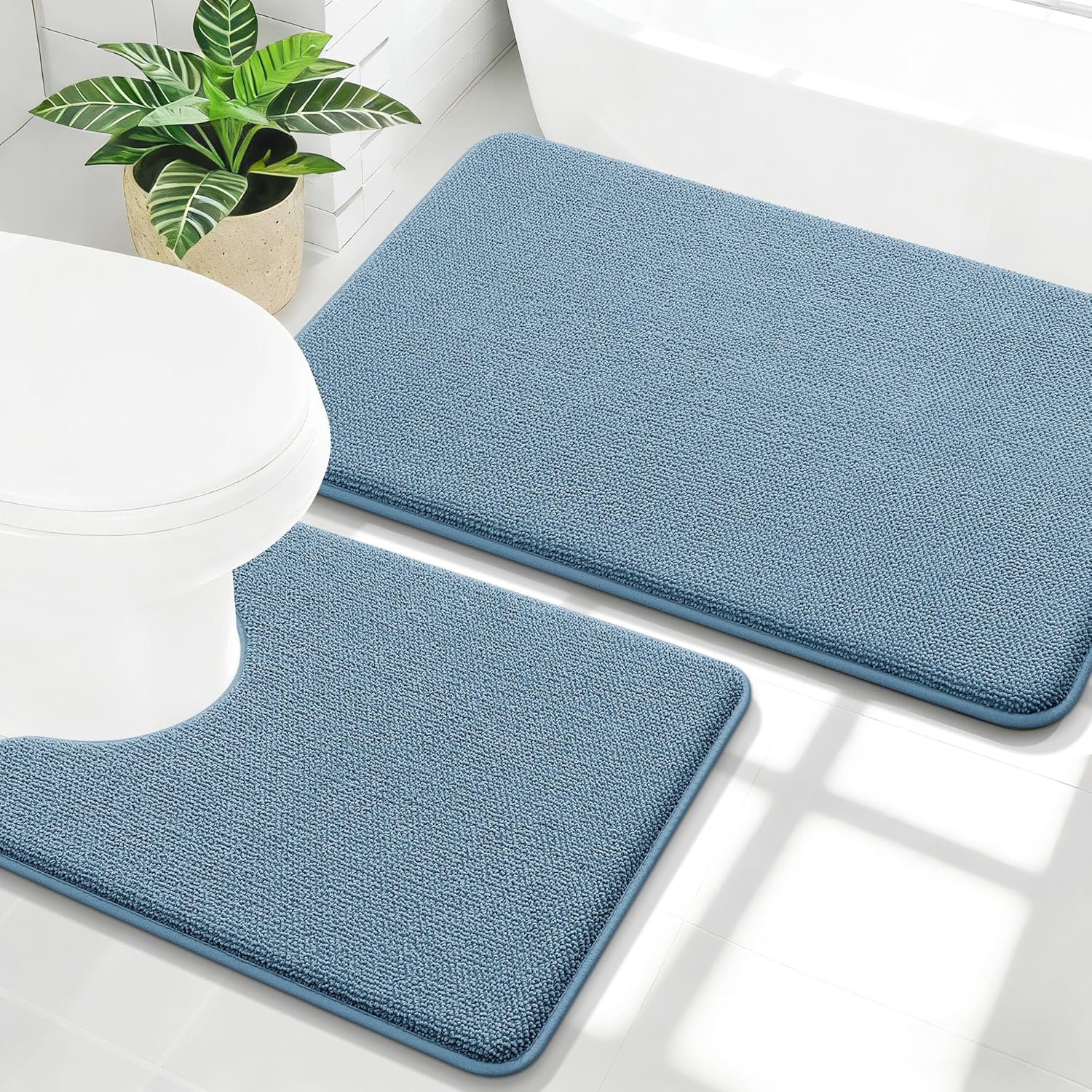OLANLY Bathroom Rugs Sets 2 Piece, Soft Absorbent Memory Foam Bath Mats and U-Shaped Toilet Rug Set, Machine Washable Bath Mats for Bathroom, Home Decor Accessories (30"x20"+24"x20", Airy Blue)