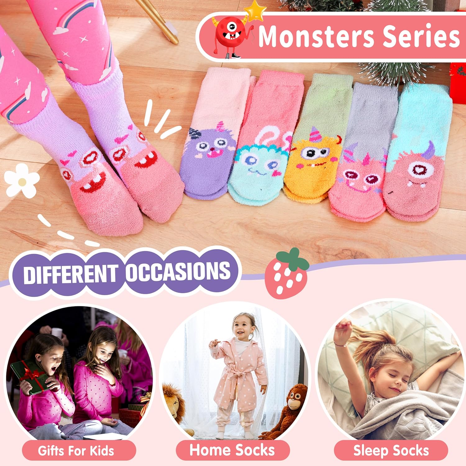 ANTSANG Kids Girls Toddlers Fuzzy Socks with Grips Non Slip Slipper Socks Fluffy Cozy Cabin Plush Warm Crew Socks 6 Pack 4-7 Years Monster image 4 of 5 B0CBP468HF