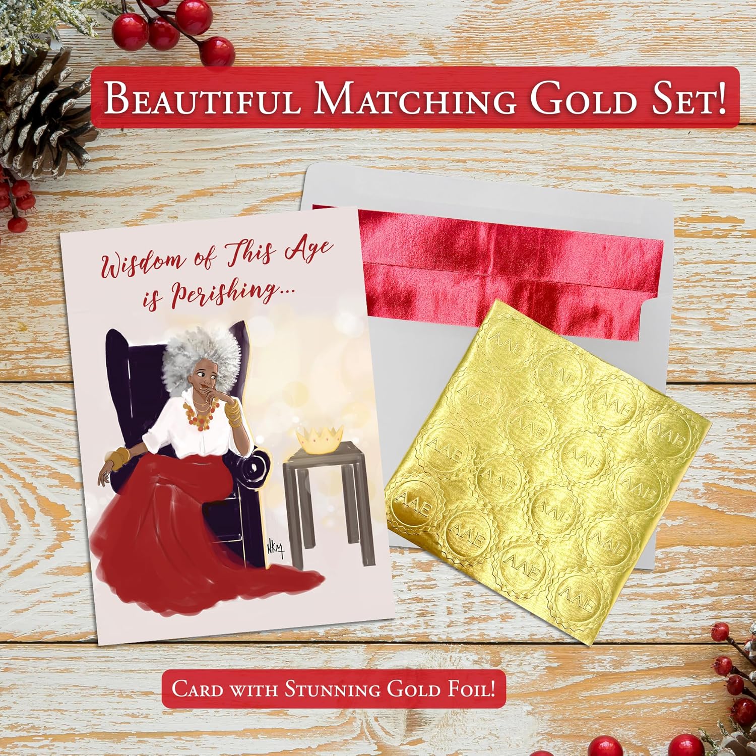 African American Expressions - Embossed Christmas Cards Boxed Set - Inspirational Seasonal Designs - Set of 15 (5x7) Cards with Foil-Lined Envelopes & Gold Sticker Seals - Wisdom is Perishing - Image 6