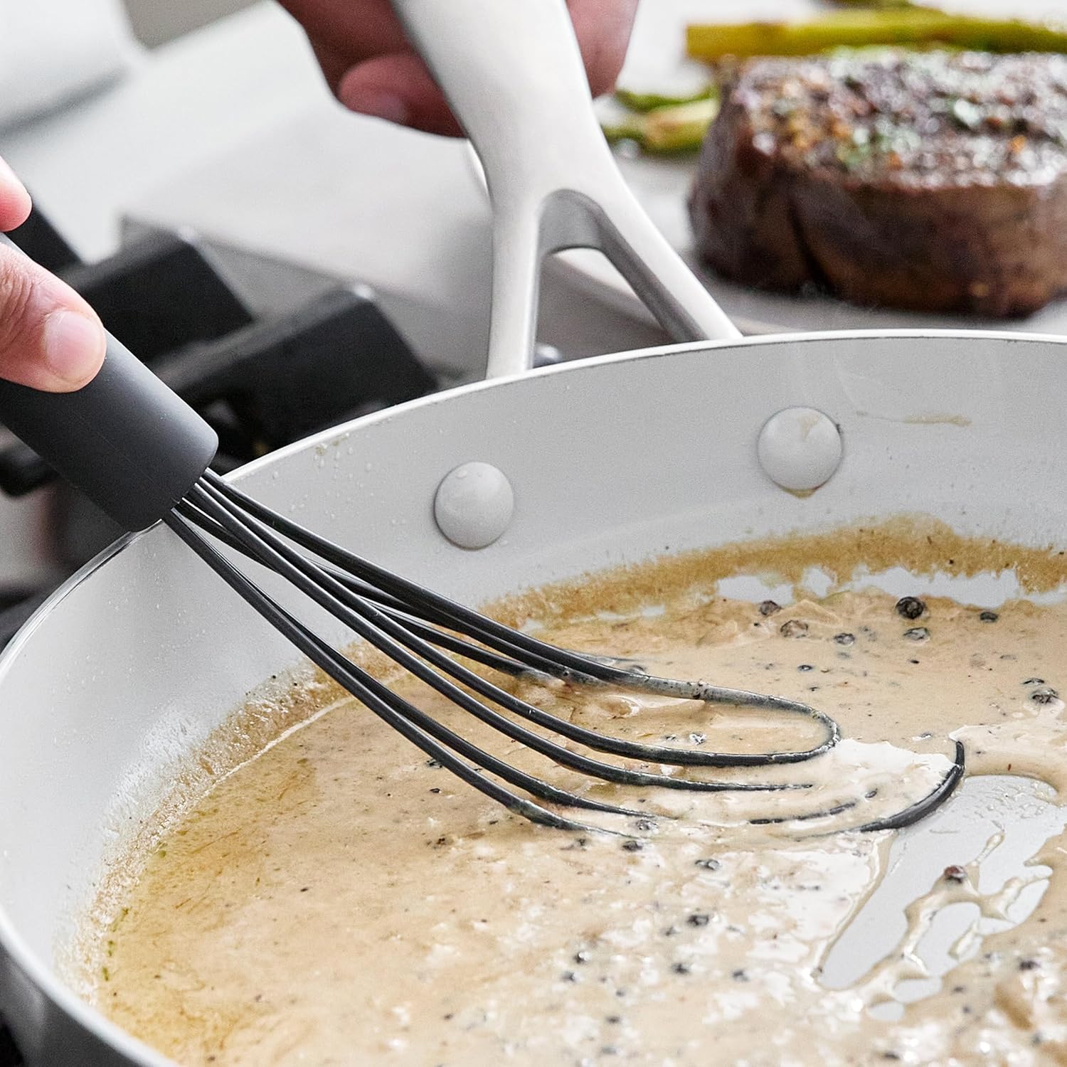 GreenPan Silicone Flat Whisk, Slotted Cooking Kitchen Utensil, Flexible Rubber Nonstick Cookware, Rigid Steel Core, Heat-Resistant, Anti-Slip Handle, BPA-Free, Dishwasher Safe, Gray - Image 4