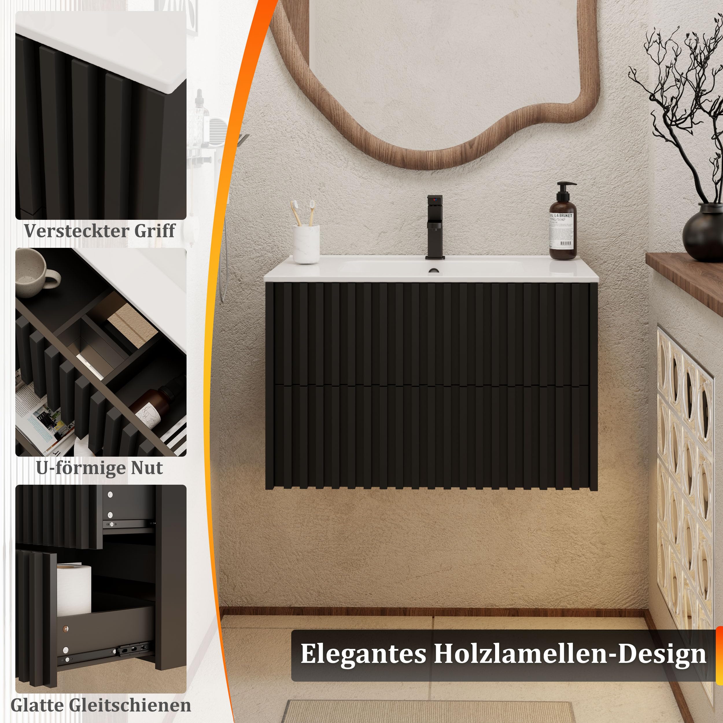 UEV Waschtisch mit Unterschrank, Waschbeckenunterschrank 80cm hängend, Waschplatz, Keramik Waschbecken, Badezimmmer Möbel für Gäste WC, Badmöbel Set, Schwarz