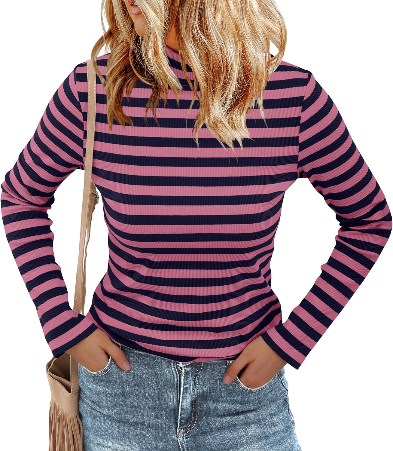 Women's Long Sleeve Stripe Shirts Fall Casual Mock Neck Ribbed Knit Tops 2025 Fashion Clothes
